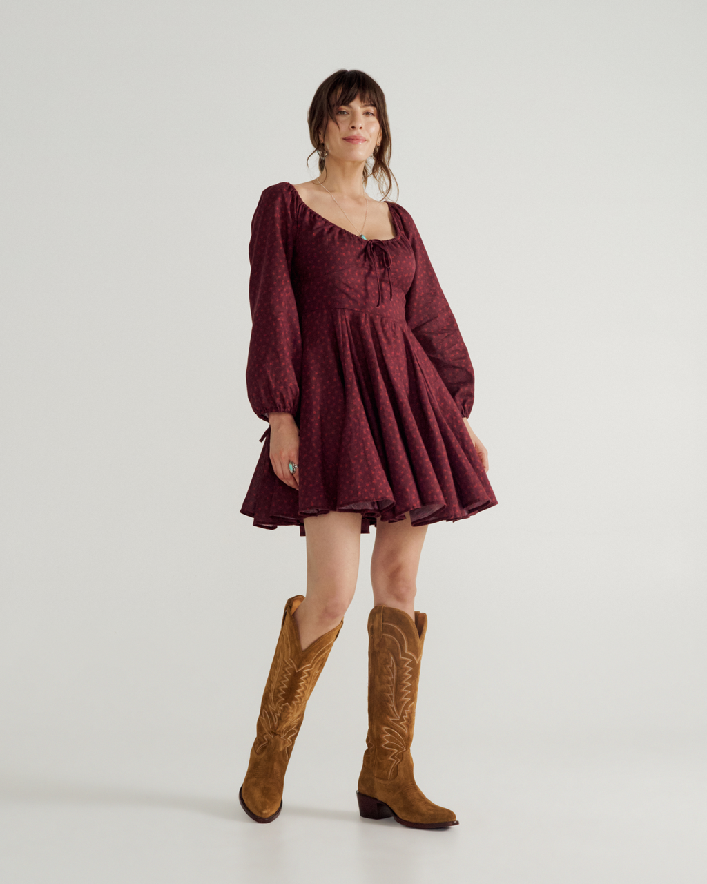 Women's Long Sleeve Mini Dress - Burgundy Floral Cotton Blend