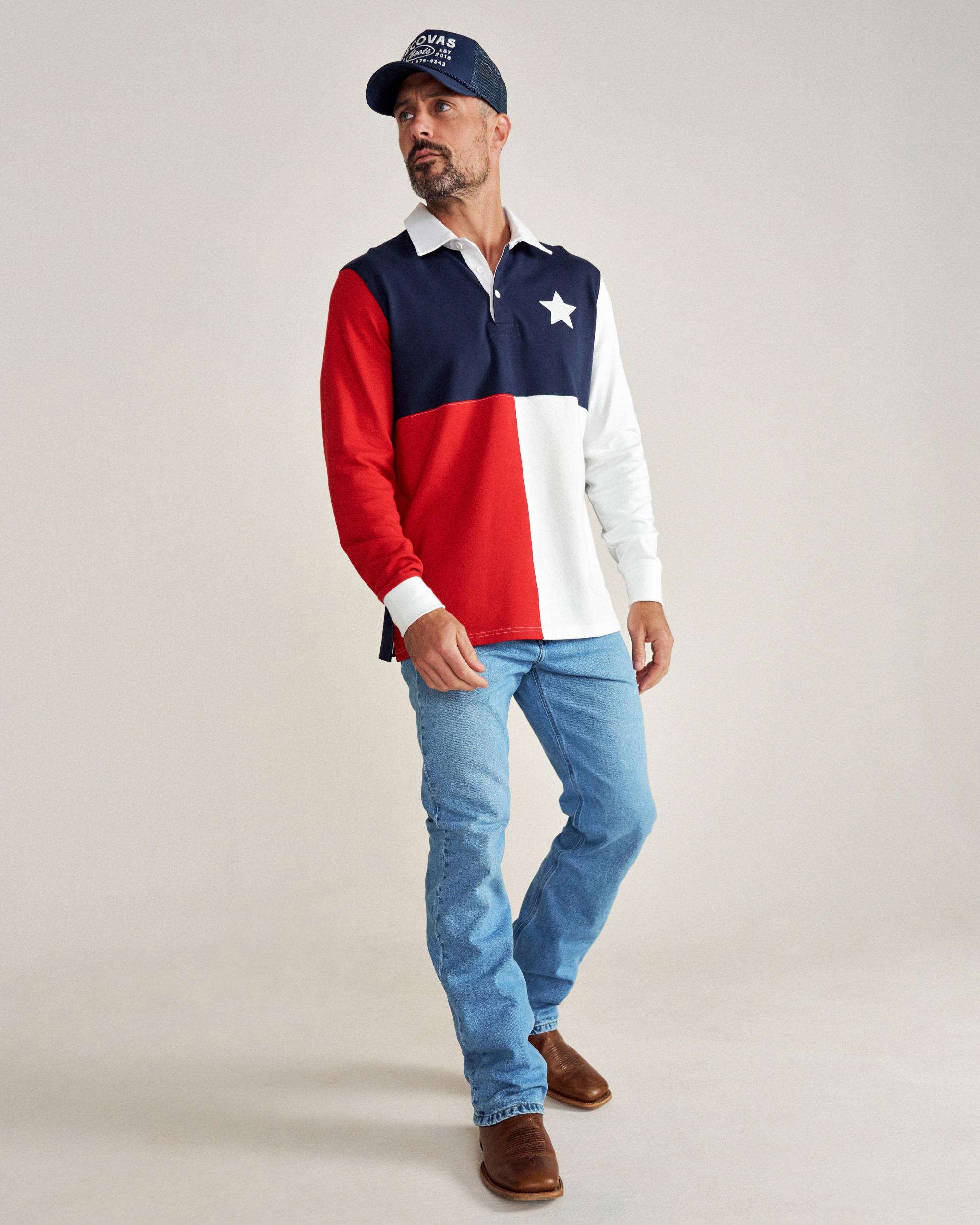 Men's Long Sleeve Polo - Red White Cotton