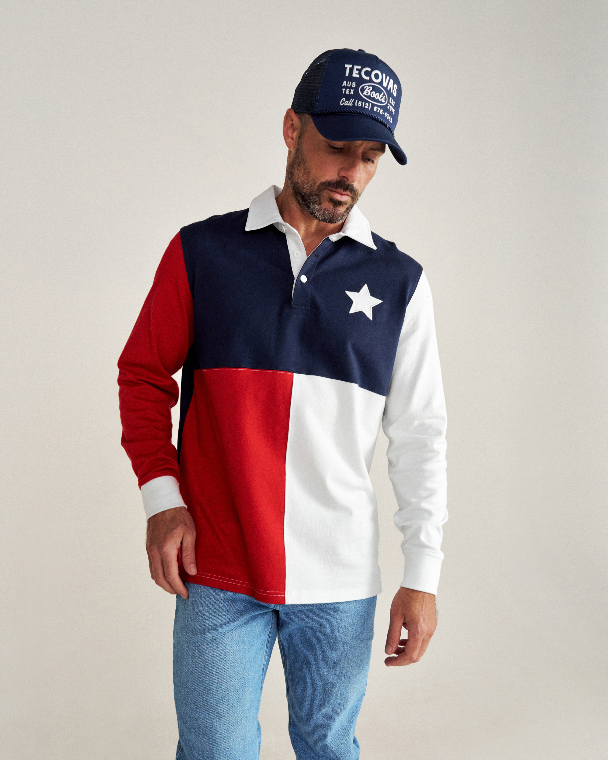 Men's Long Sleeve Polo - Red White Cotton