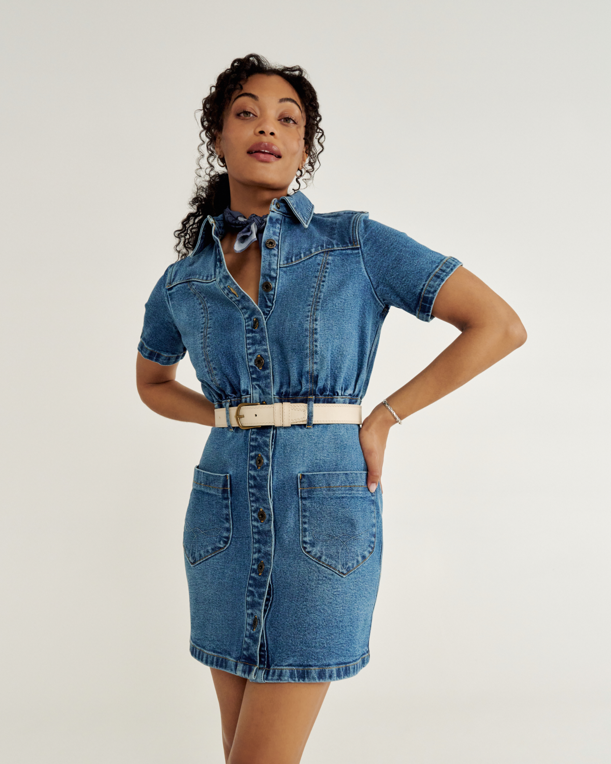 Women's Short Sleeve Denim Dress - Medium Wash Denim