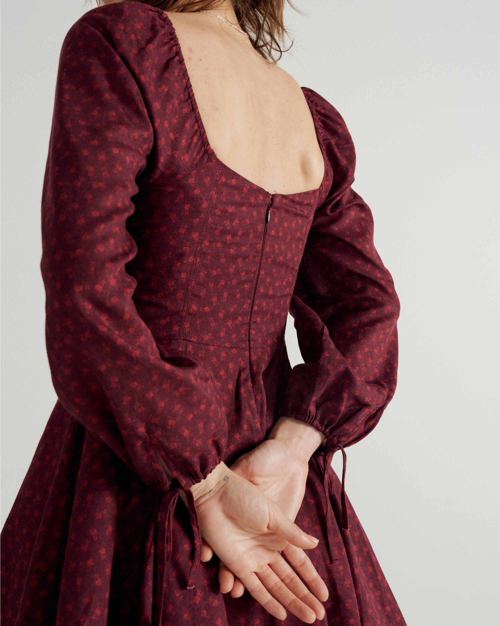 Women's Long Sleeve Mini Dress - Burgundy Floral Cotton Blend