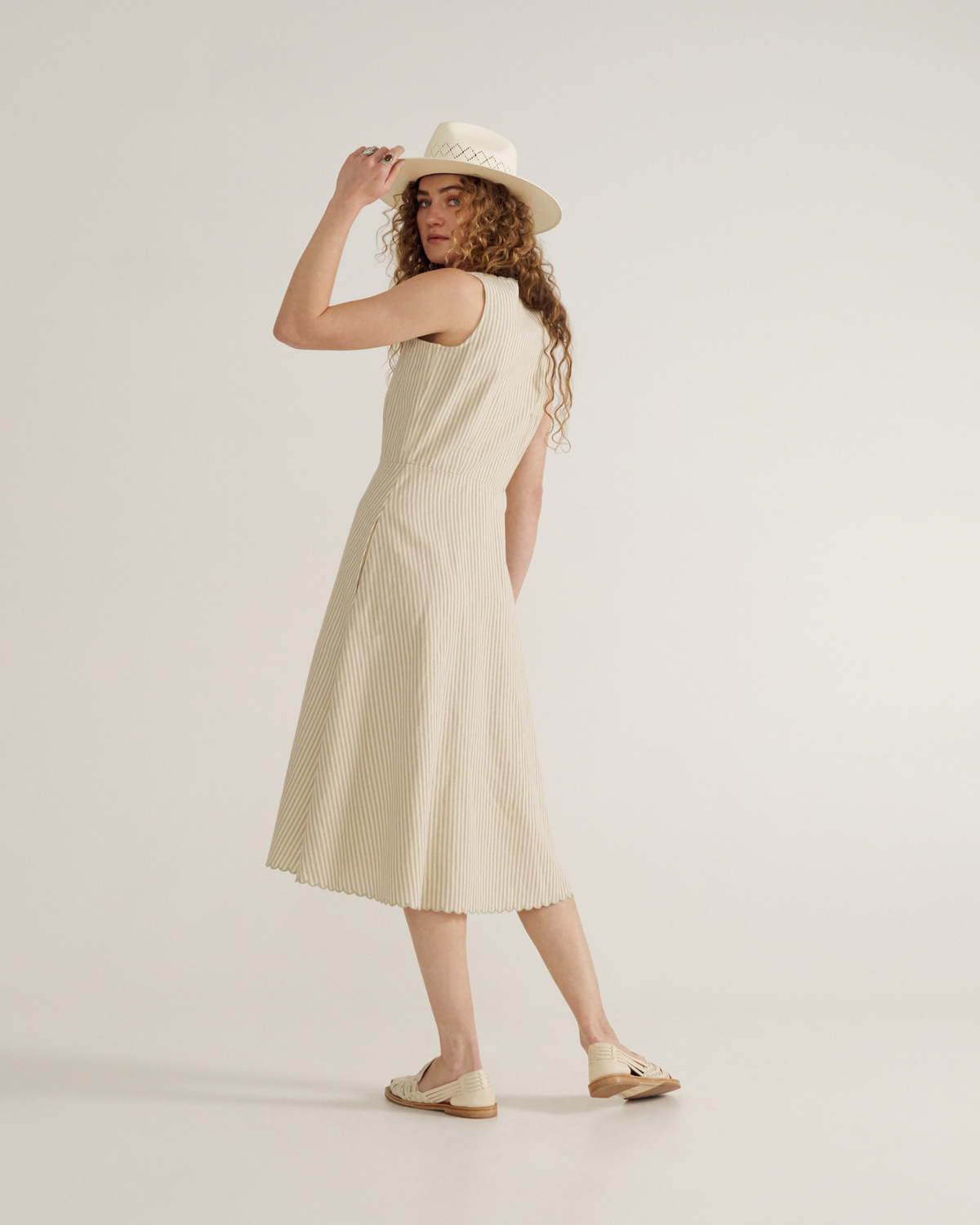 Women's Eyelet Linen Midi Dress - Green White Linen Cotton