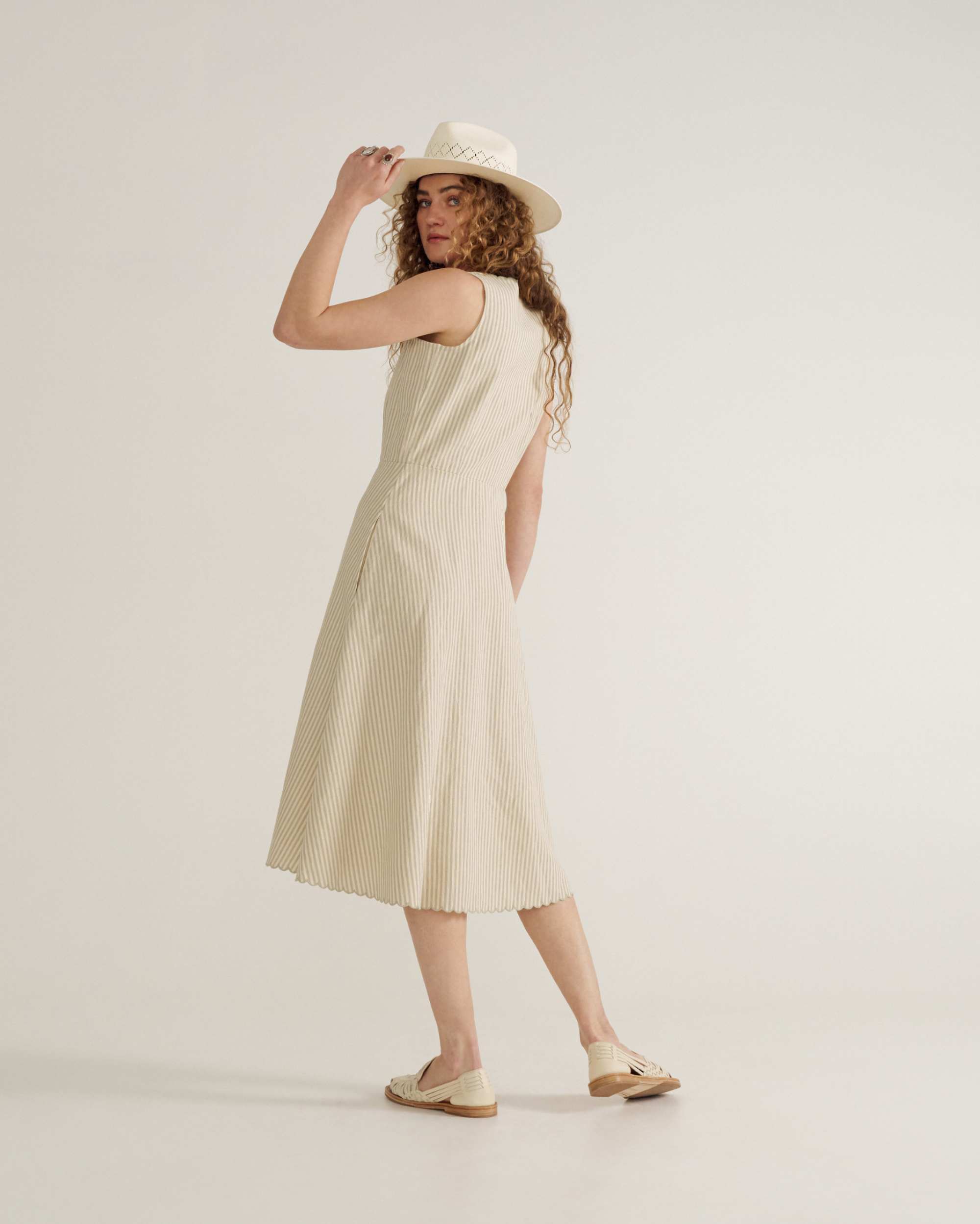 Women's Eyelet Linen Midi Dress - Green White Linen Cotton