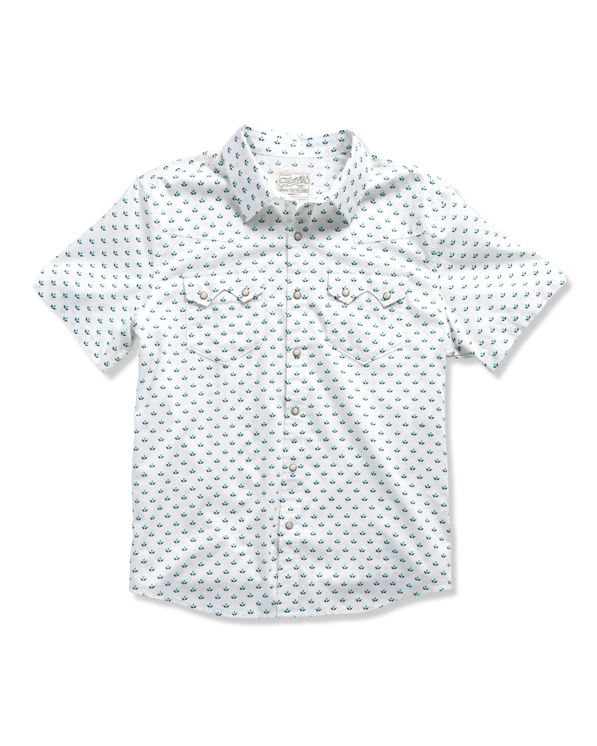 Men's Classic Fit Vintage Weight Sawtooth Short Sleeve Pearl Snap - White Blue Cotton
