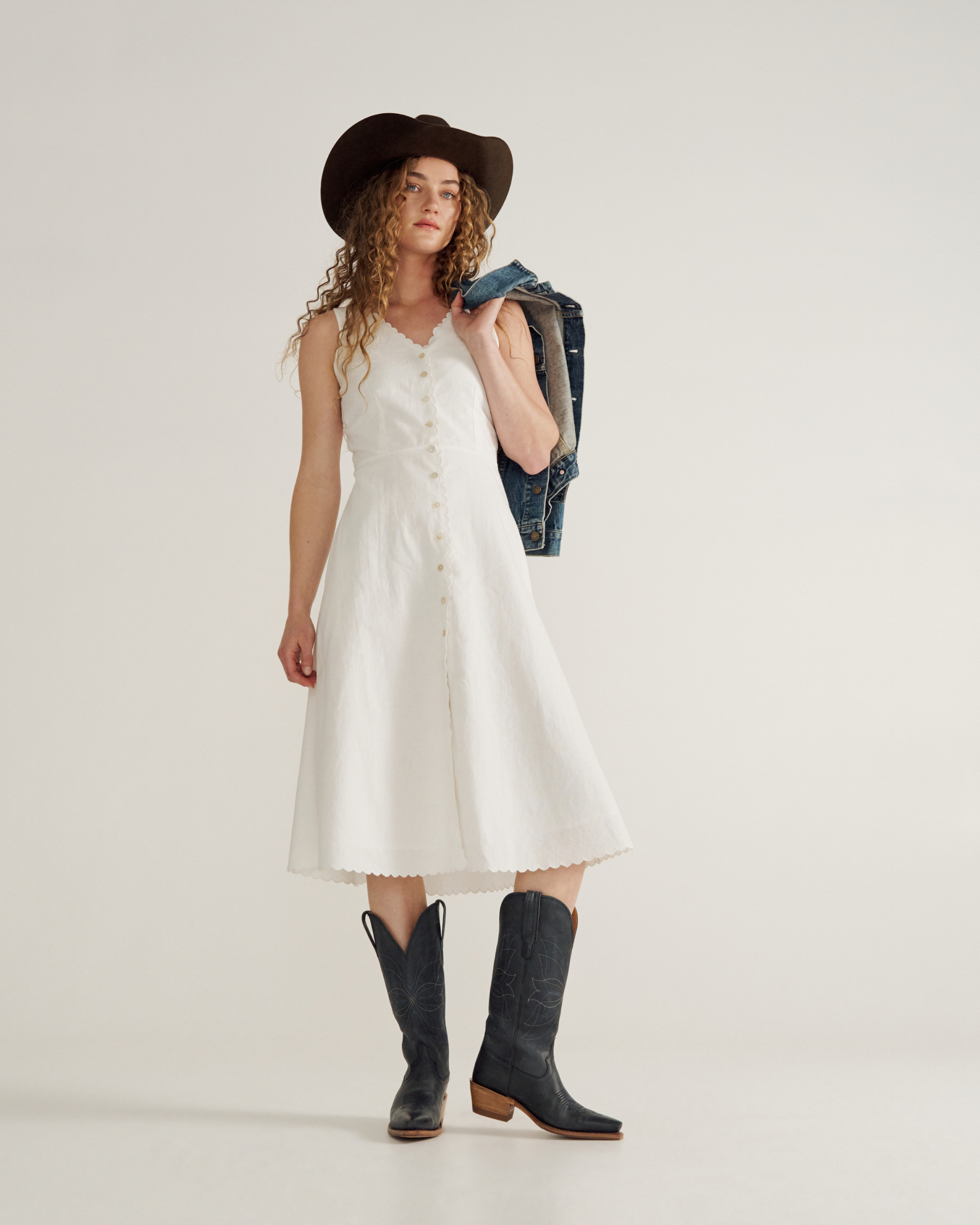 Women's Eyelet Linen Midi Dress - White Linen Cotton