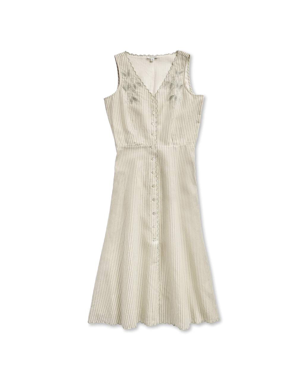 Women's Eyelet Linen Midi Dress - Green White Linen Cotton