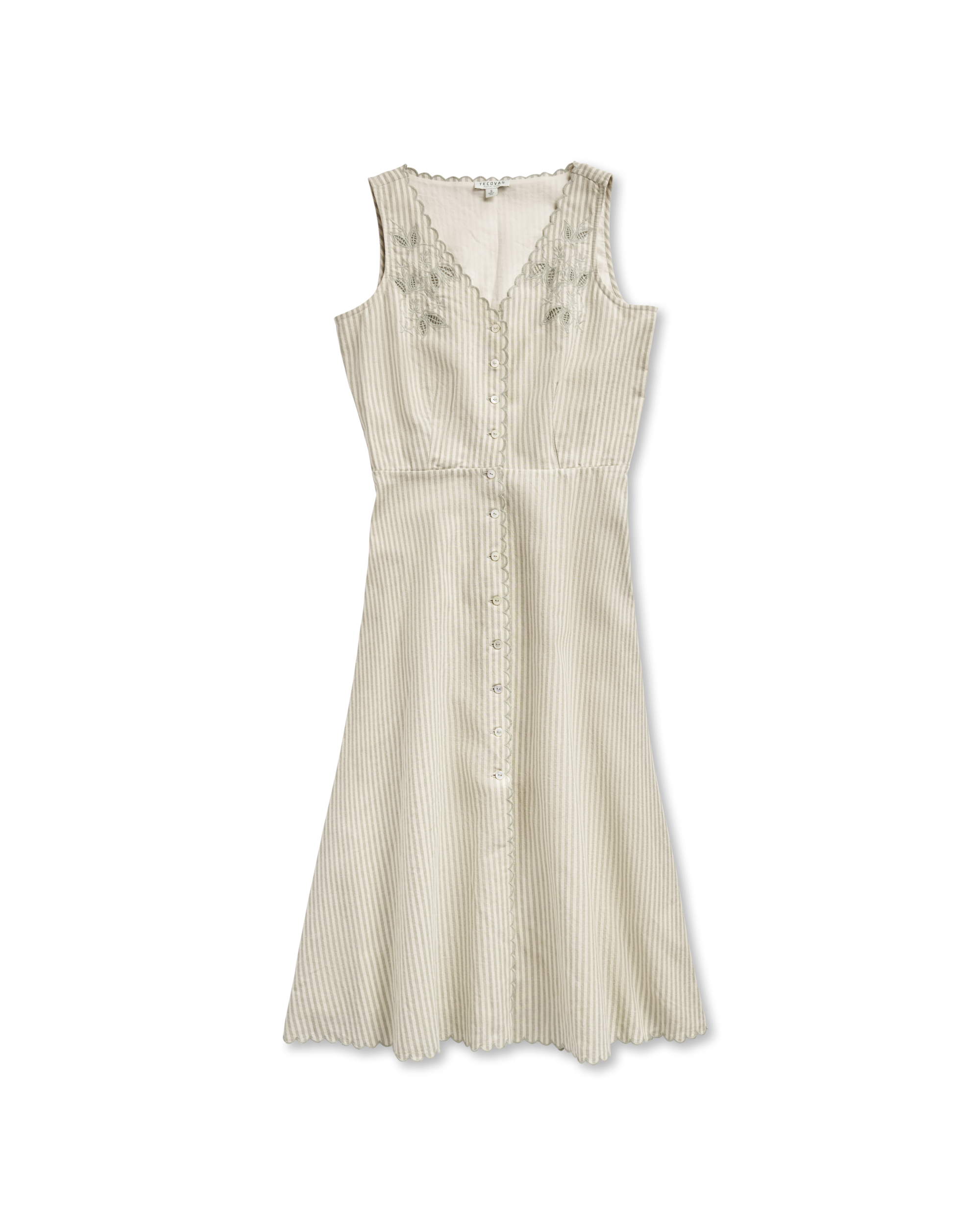 Women's Eyelet Linen Midi Dress - Green White Linen Cotton