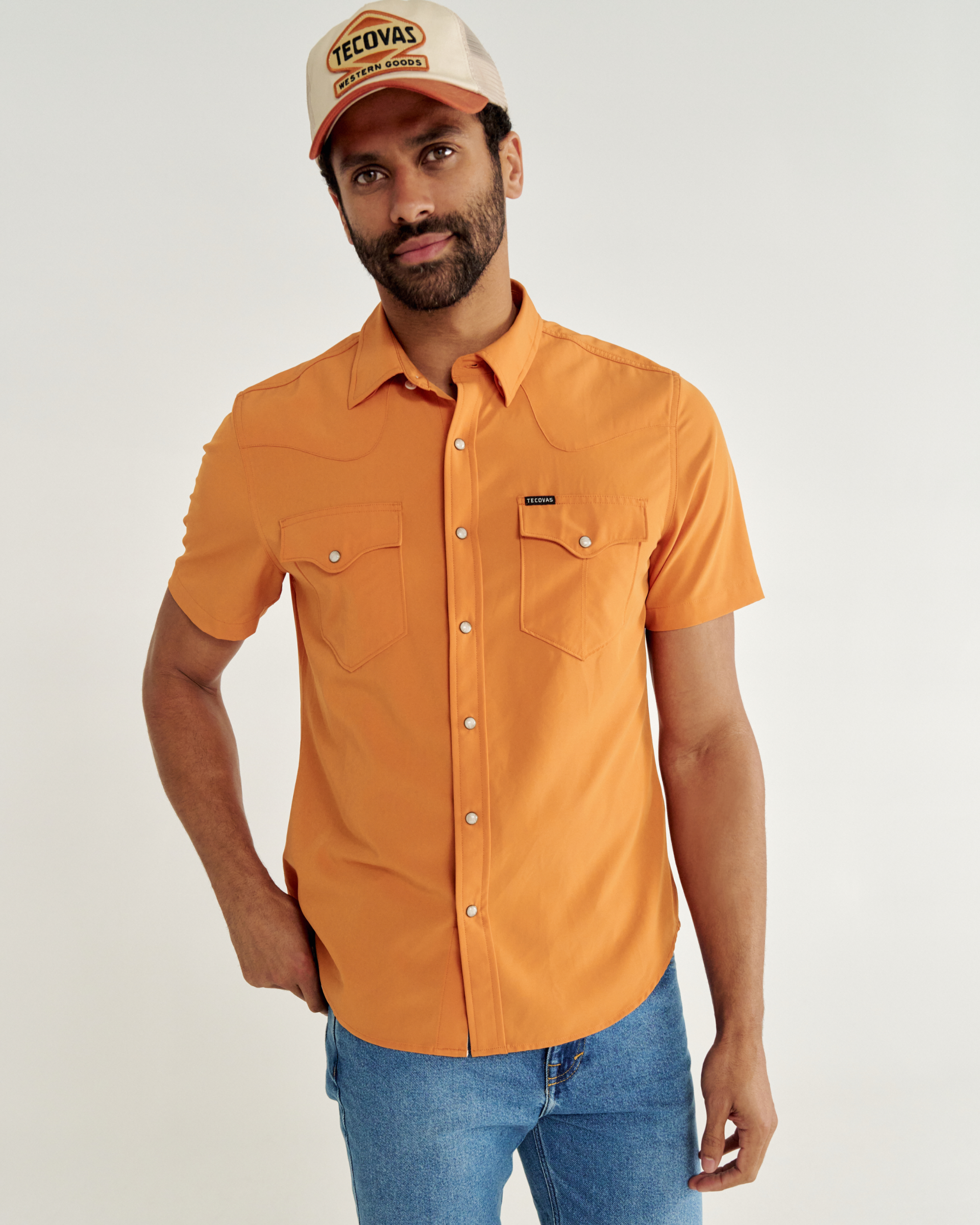 Men's Performance Short Sleeve Western Pearl Snap - Orange Zest Performance