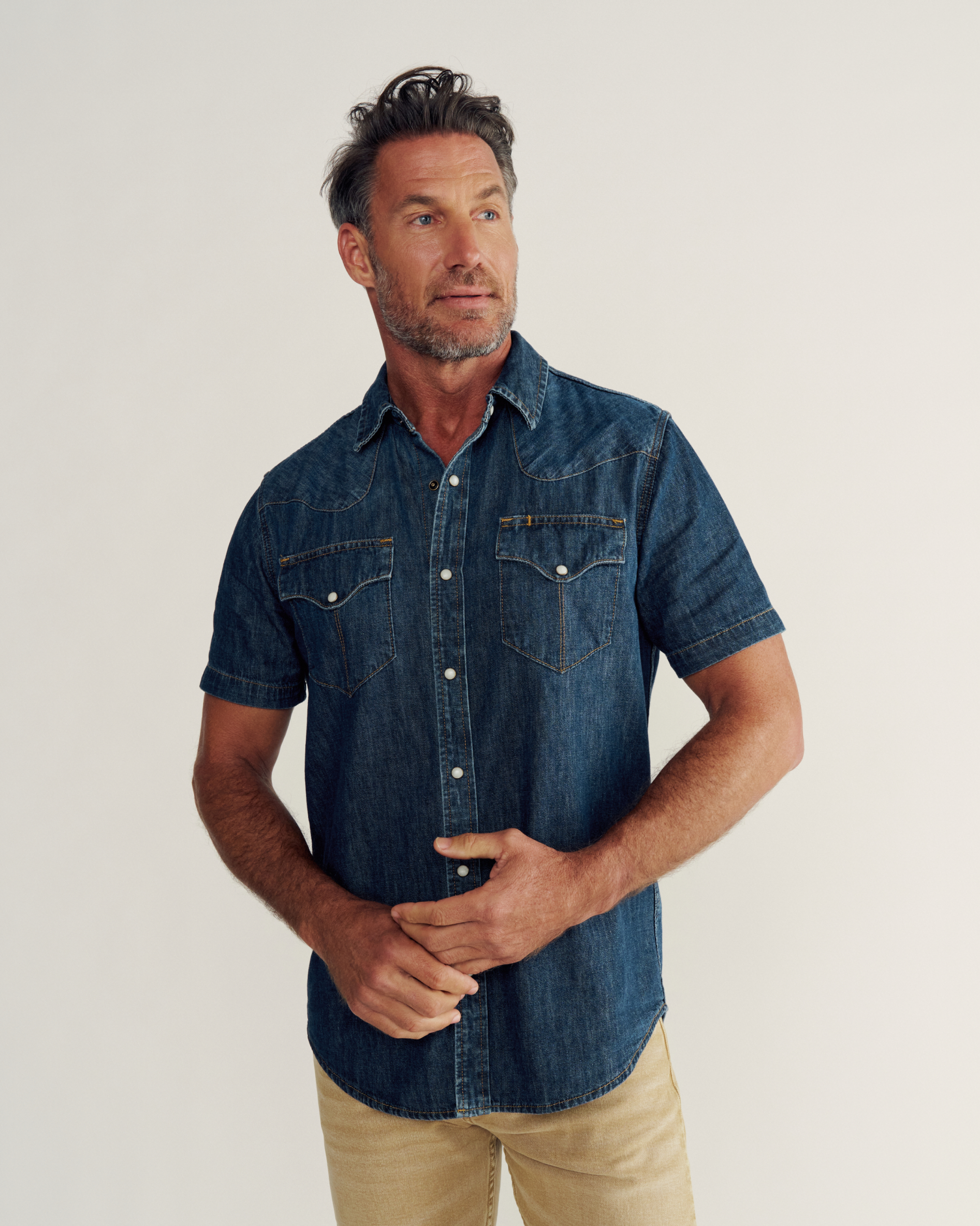 Men's Denim Short Sleeve Pearl Snap - Dark Wash Denim