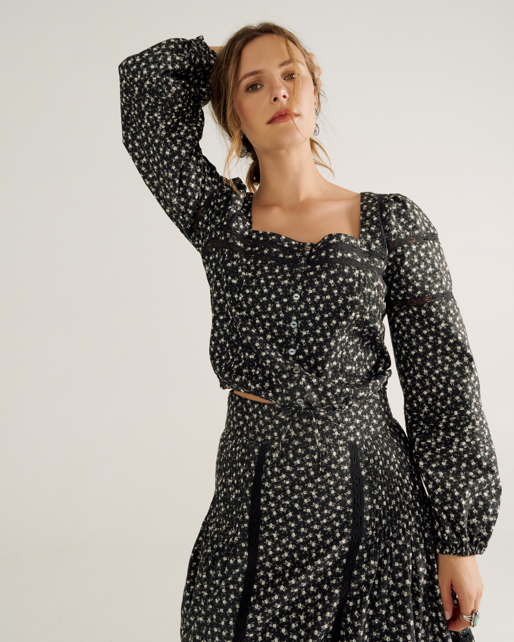 Women's Long Sleeve Cotton Poplin Top - Black White Cotton