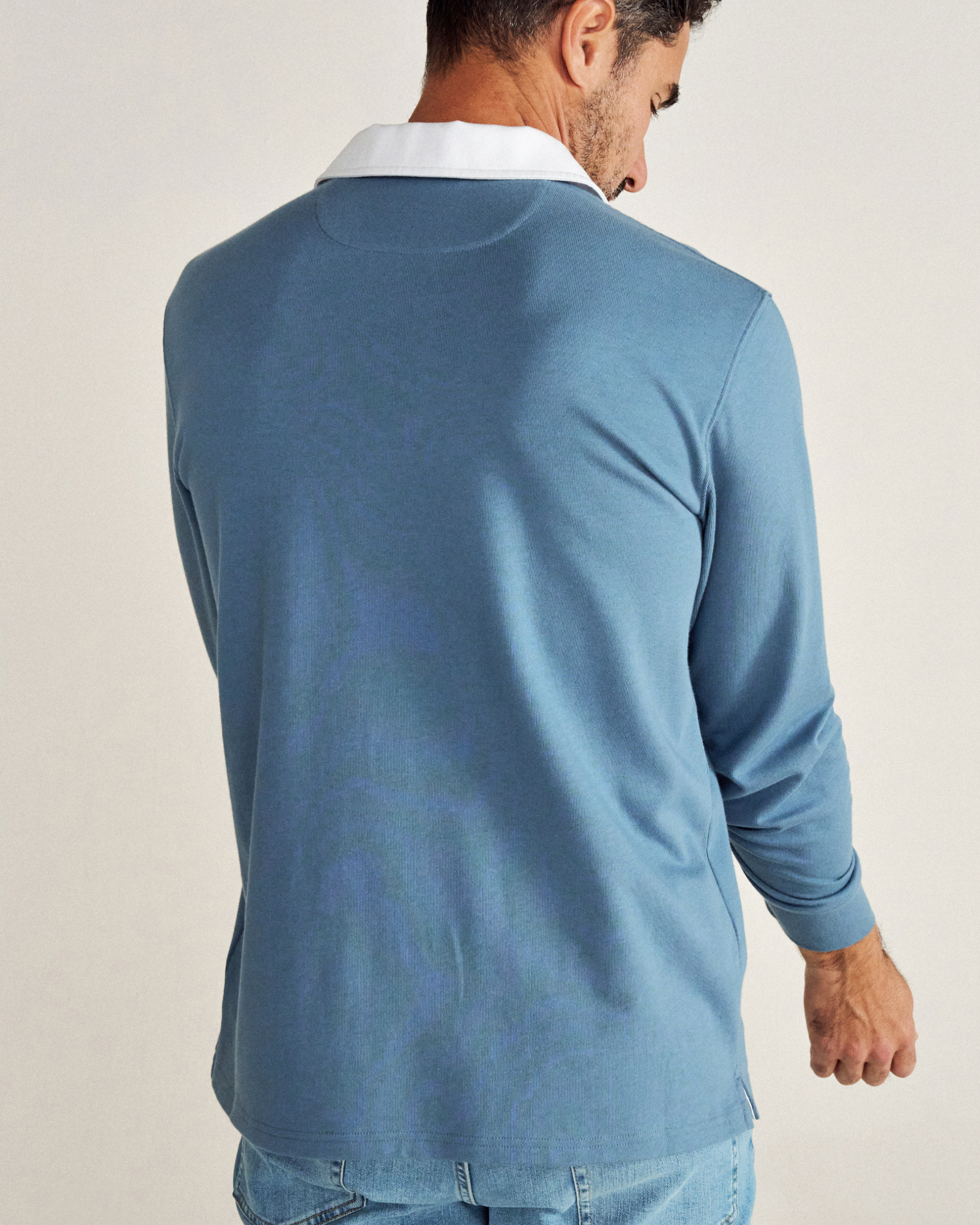 Men's Long Sleeve Polo - Blue Cotton