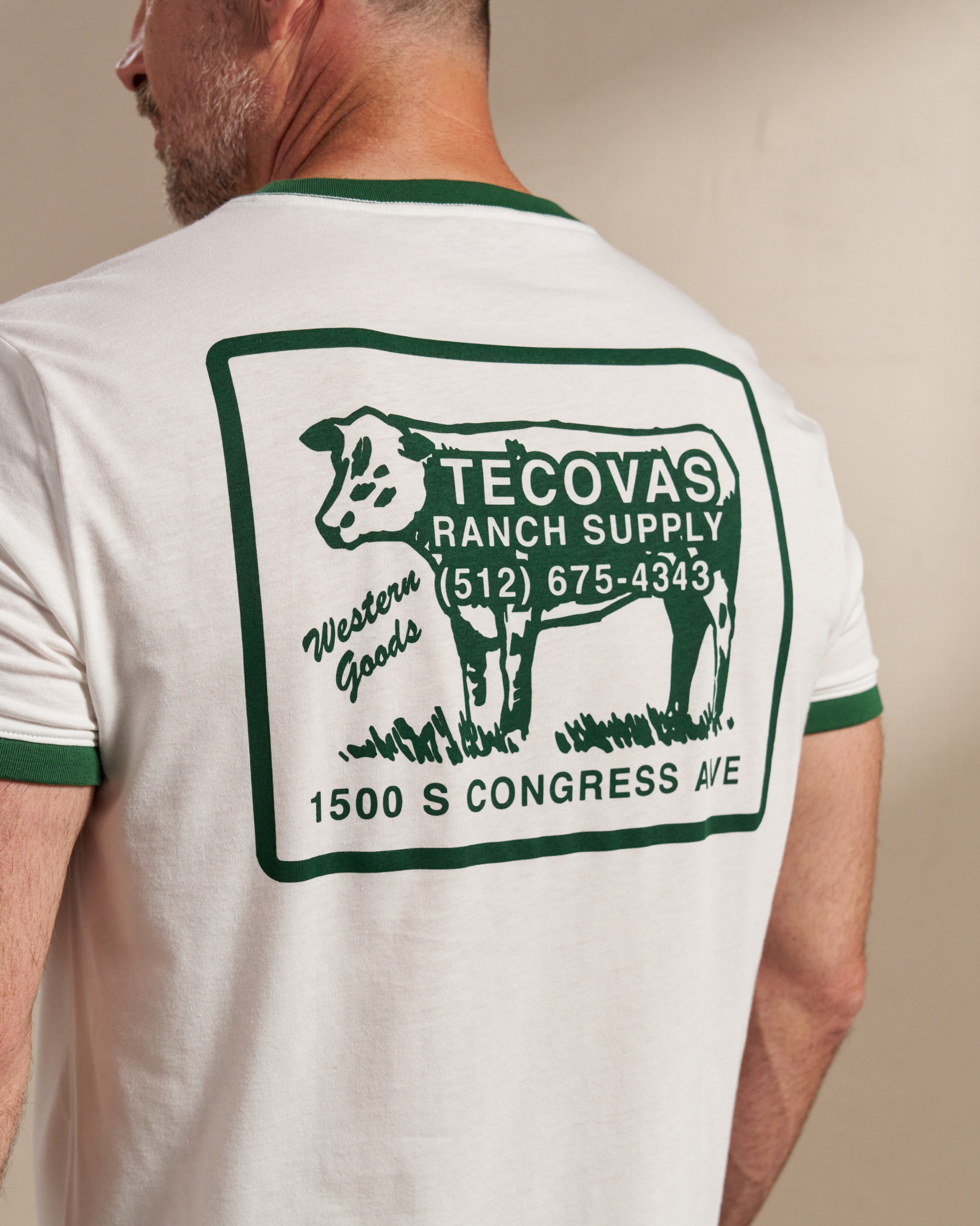 Men's Tecovas Ranch Supply Ringer Tee - Bone Green Pima Cotton