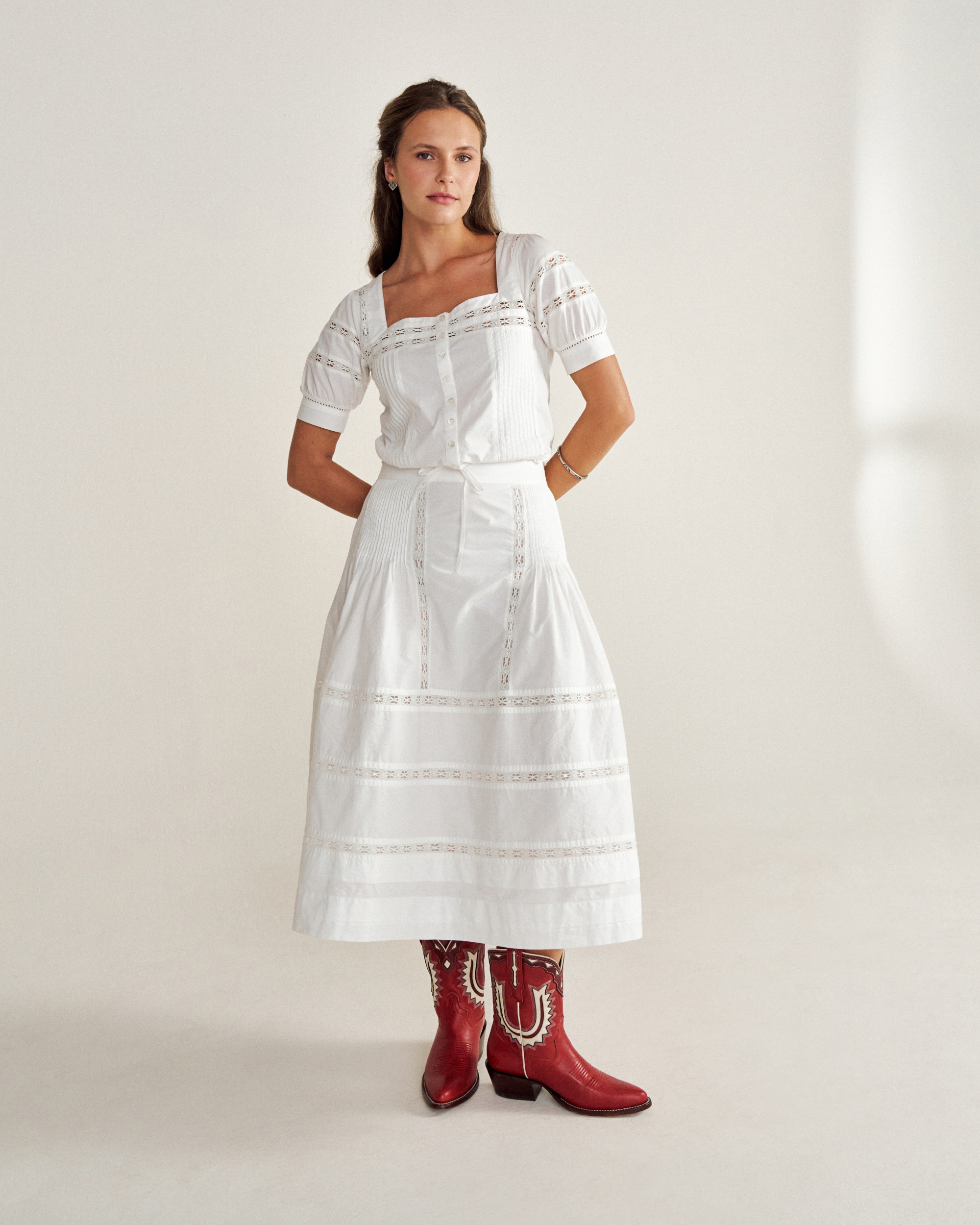 Women's Cotton Poplin Midi Skirt - White Cotton