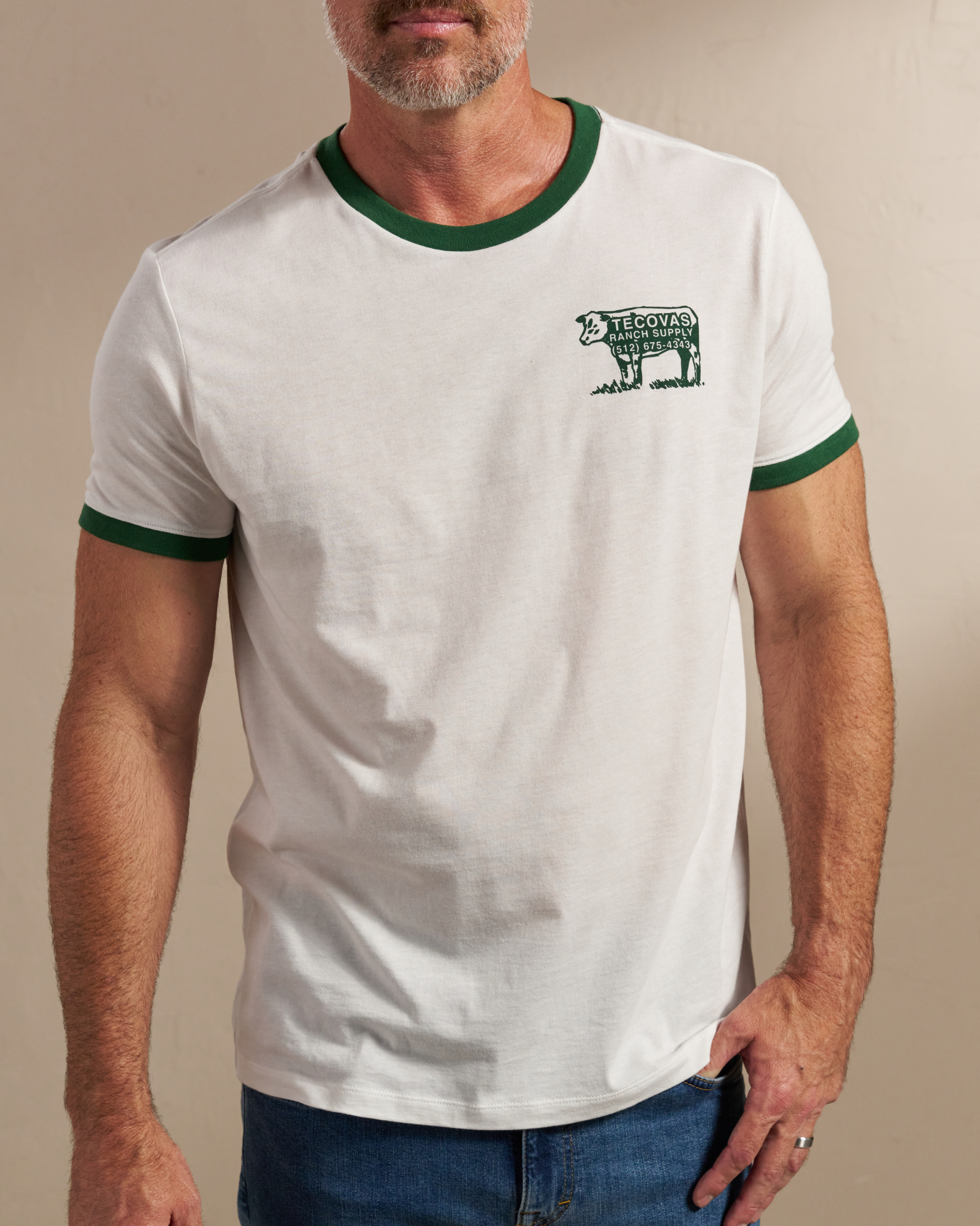 Men's Tecovas Ranch Supply Ringer Tee - Bone Green Pima Cotton
