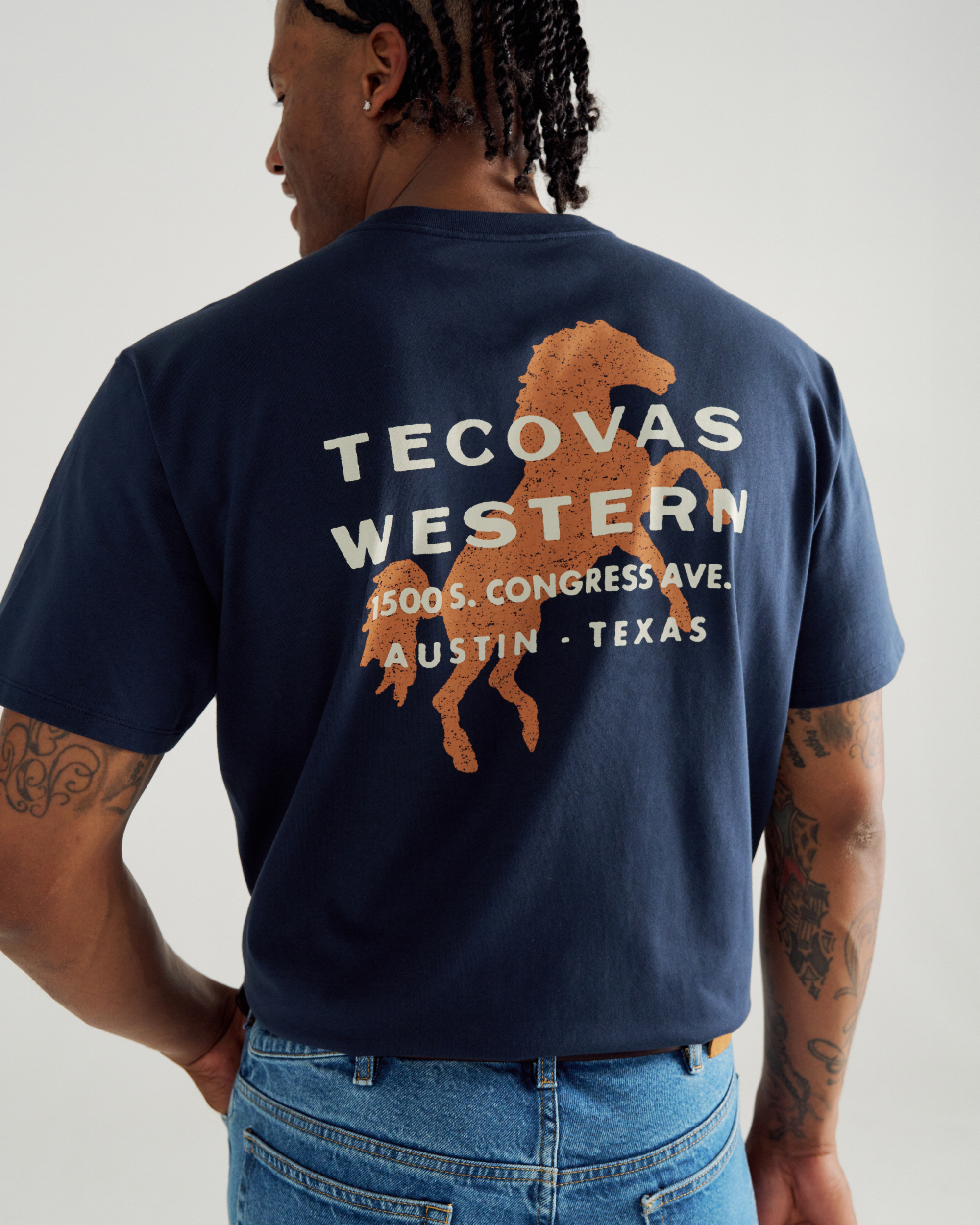 Men's Western Horseman Pocket Tee - Navy White Supima Cotton