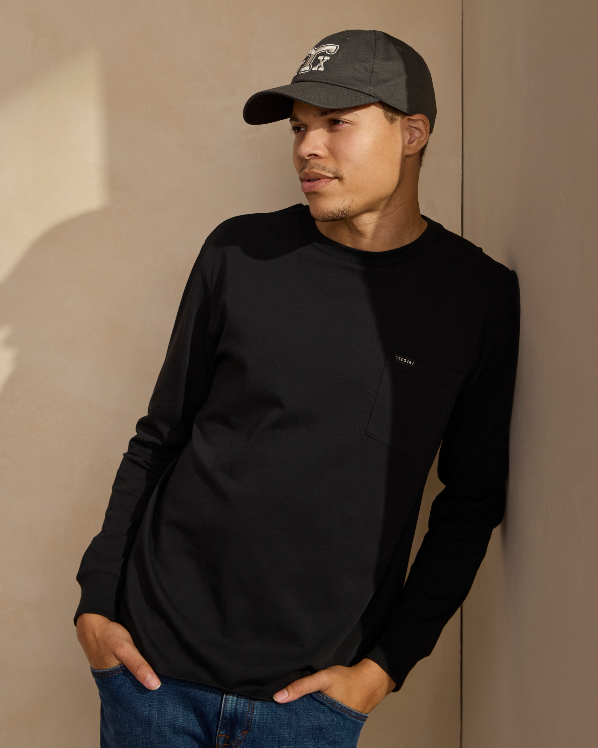Men's Long Sleeve Standard Issue Pocket Tee - Black Cotton