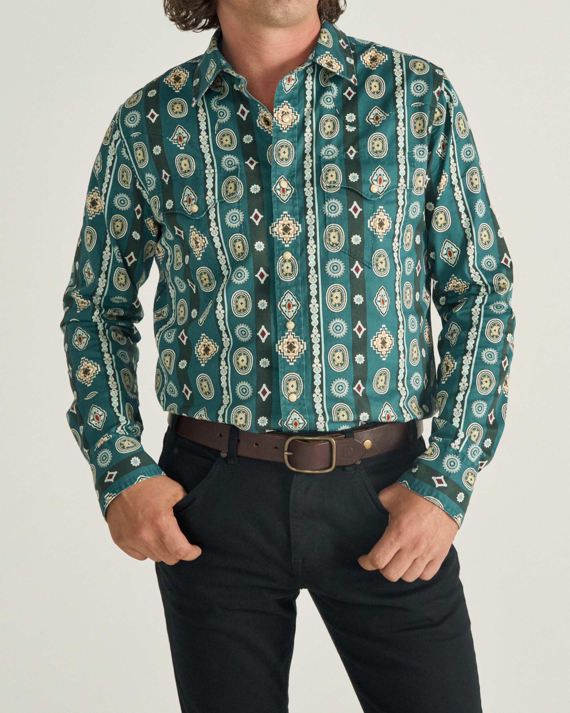 Men's Thorn Stopper Pearl Snap - Green Heron Multi Cotton