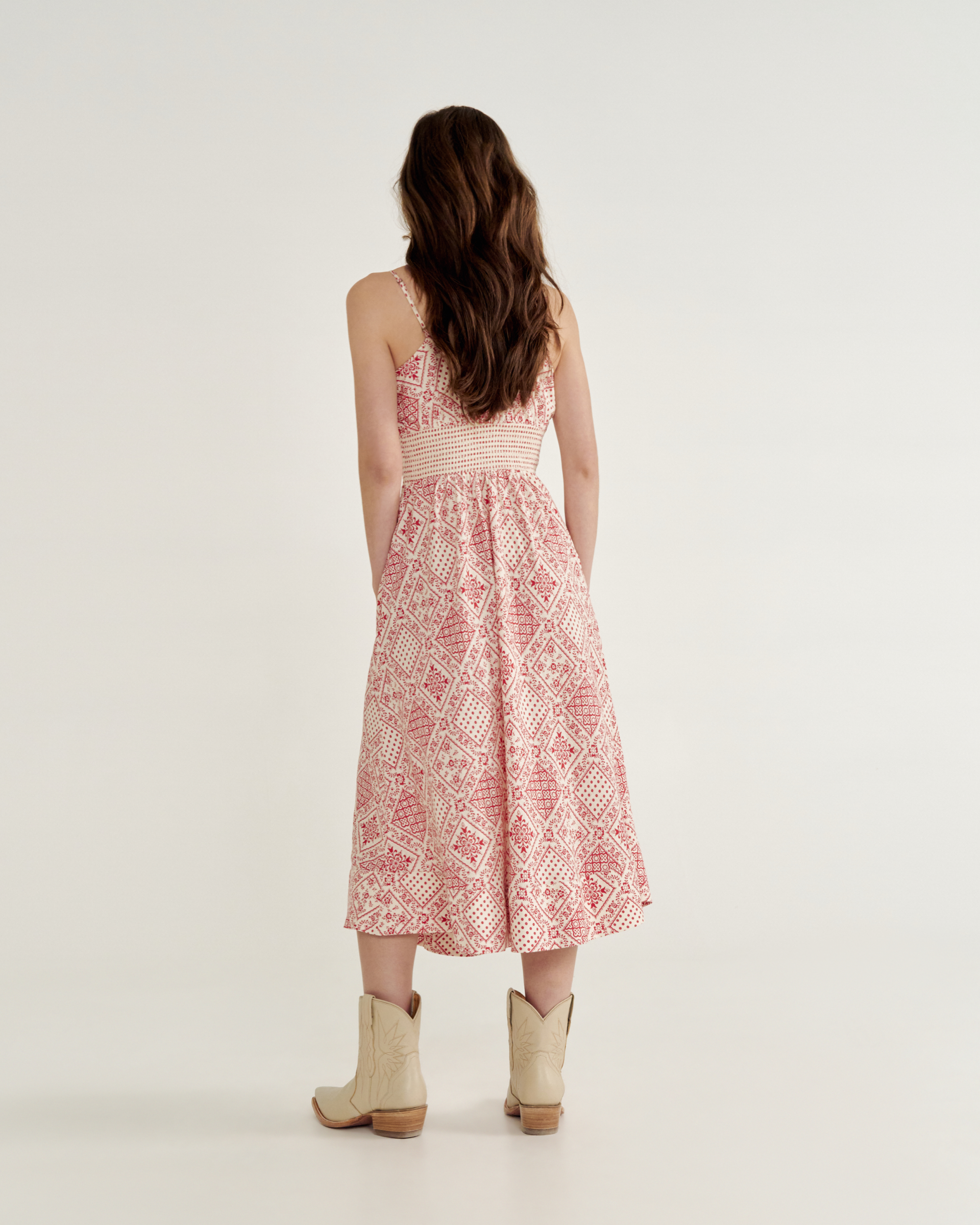 Women's Tiered Midi Dress - Red Linen Viscose