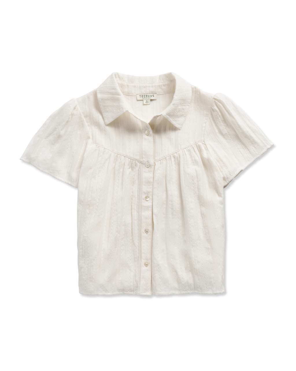 Women's Short Sleeve Button-Front Gathered Top - White Cotton