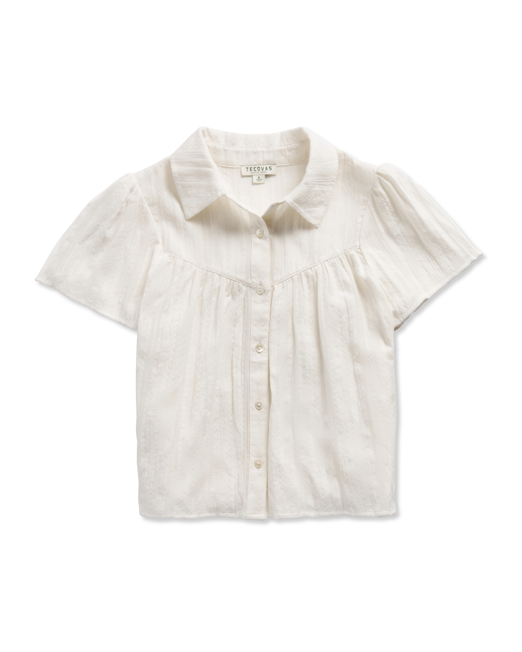Women's Short Sleeve Button-Front Gathered Top - White Cotton