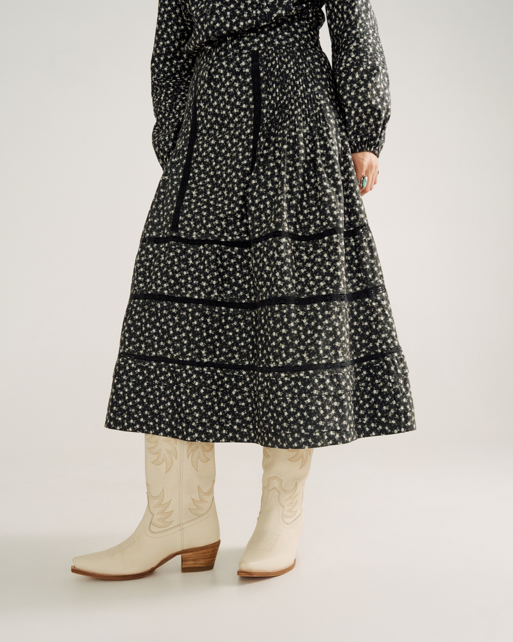Women's Cotton Poplin Midi Skirt - Black White Cotton