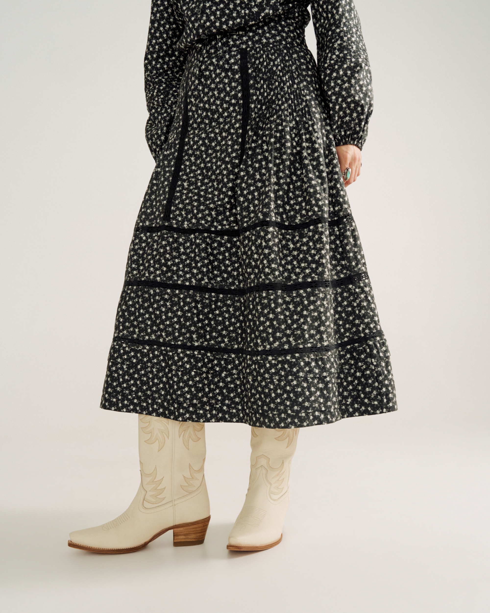 Women's Cotton Poplin Midi Skirt - Black White Cotton