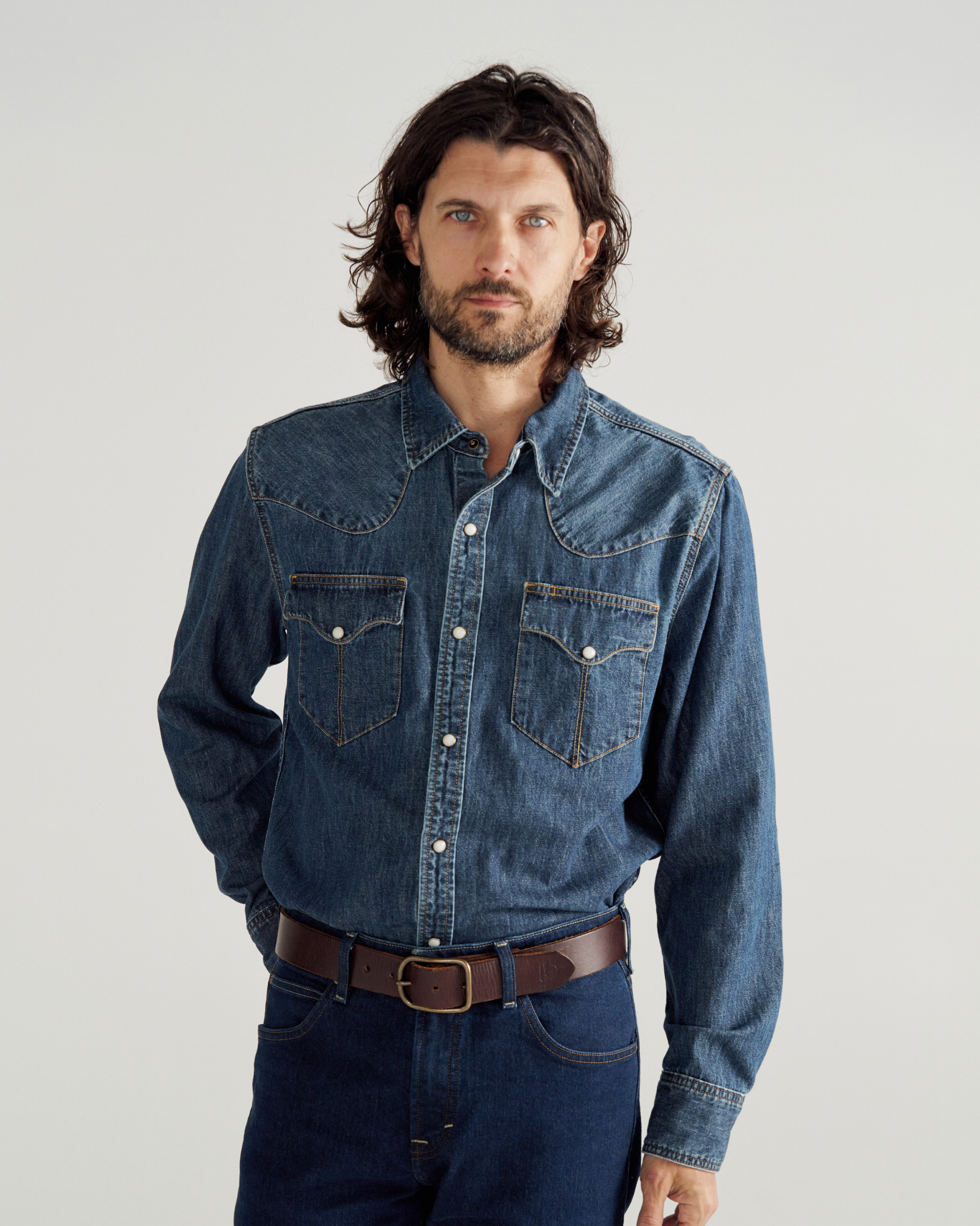 Men's Denim Long Sleeve Pearl Snap - Dark Wash Denim