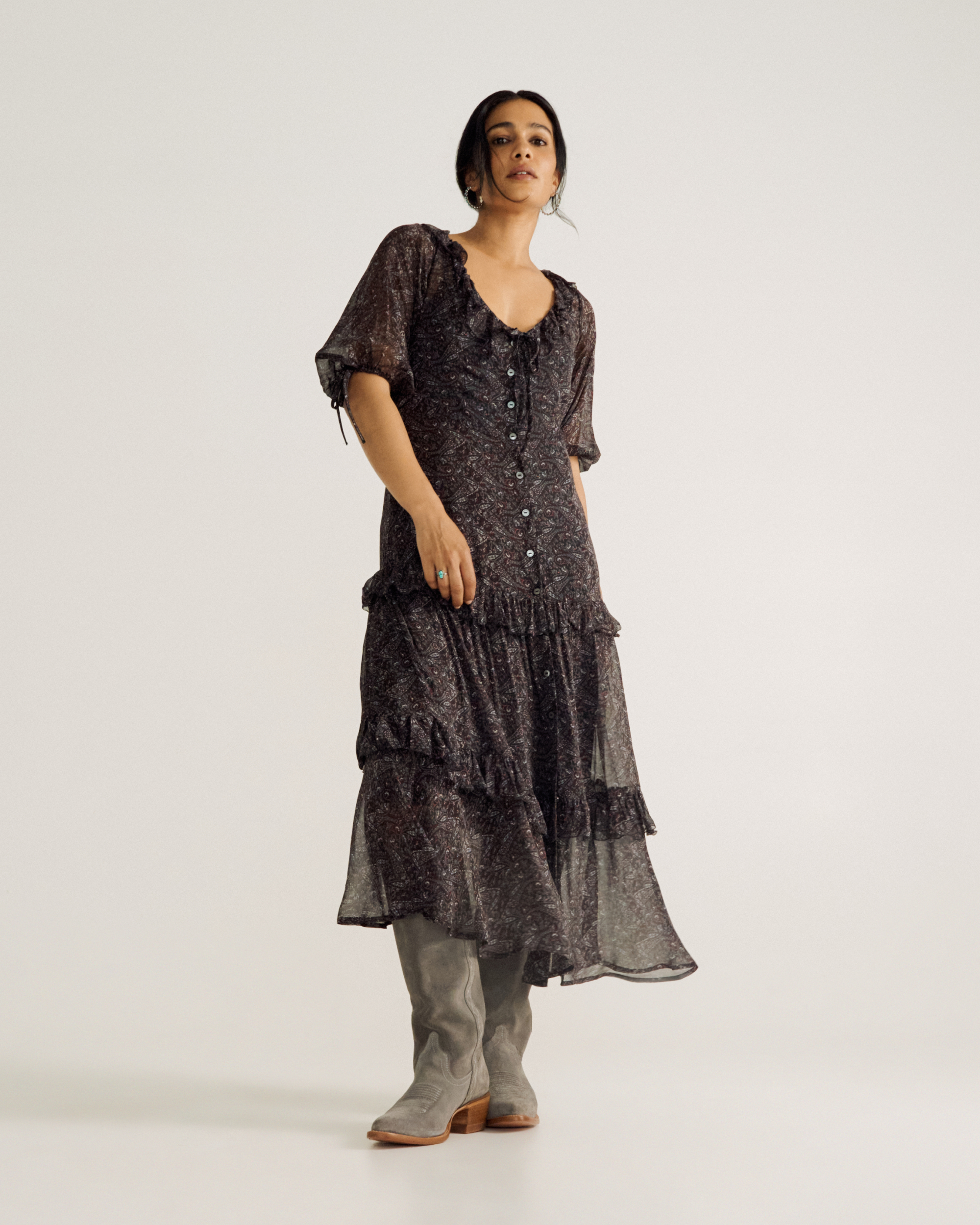 Women's Elbow-Length Maxi Dress - Burgundy Black Viscose