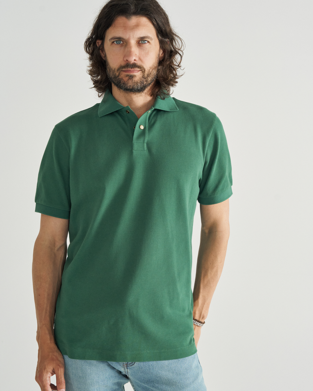 Men's Polo Short Sleeve Pearl Snap - Hunter Green Cotton