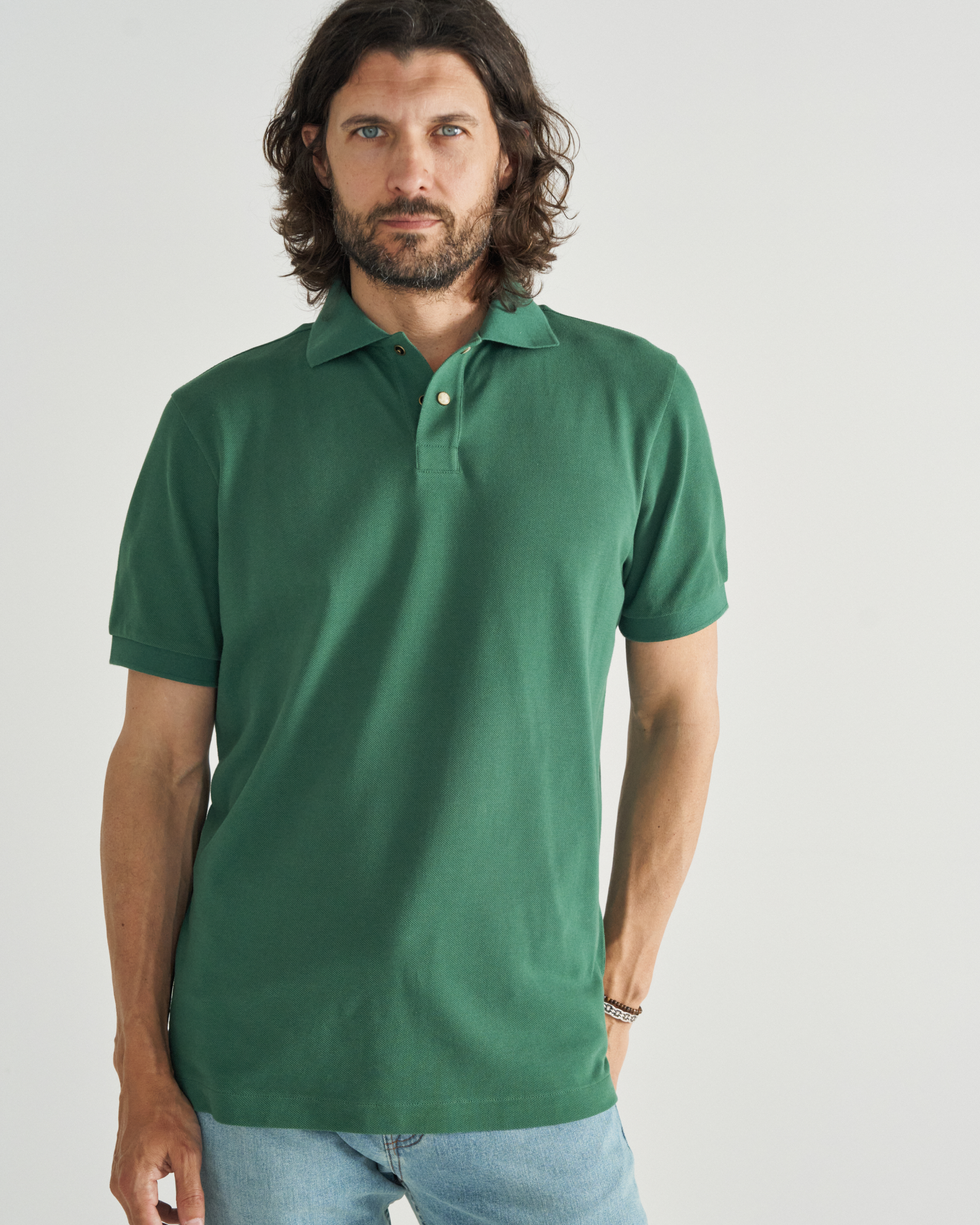 Men's Polo Short Sleeve Pearl Snap - Hunter Green Cotton
