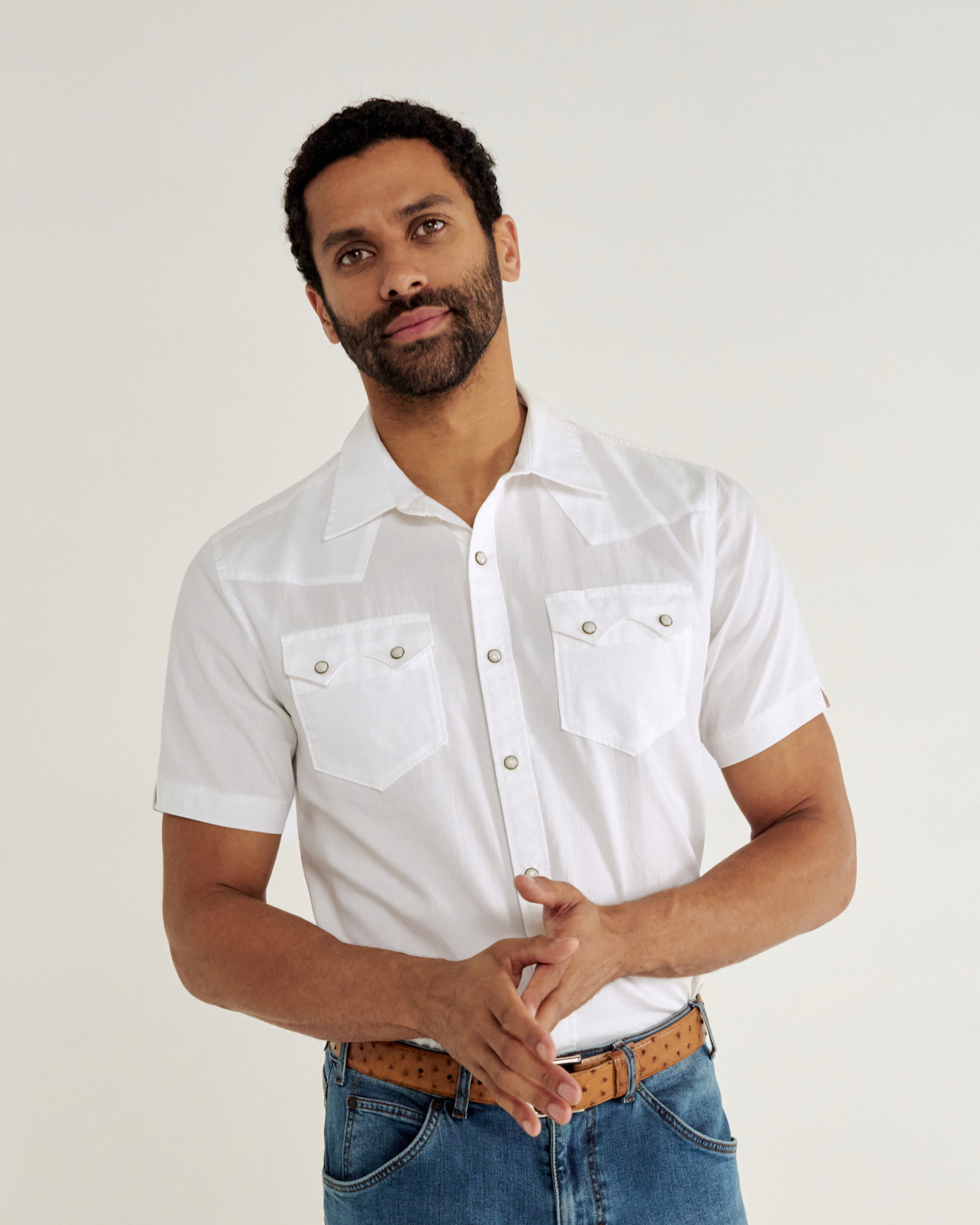 Men's Sawtooth Short Sleeve Pearl Snap - White Cotton