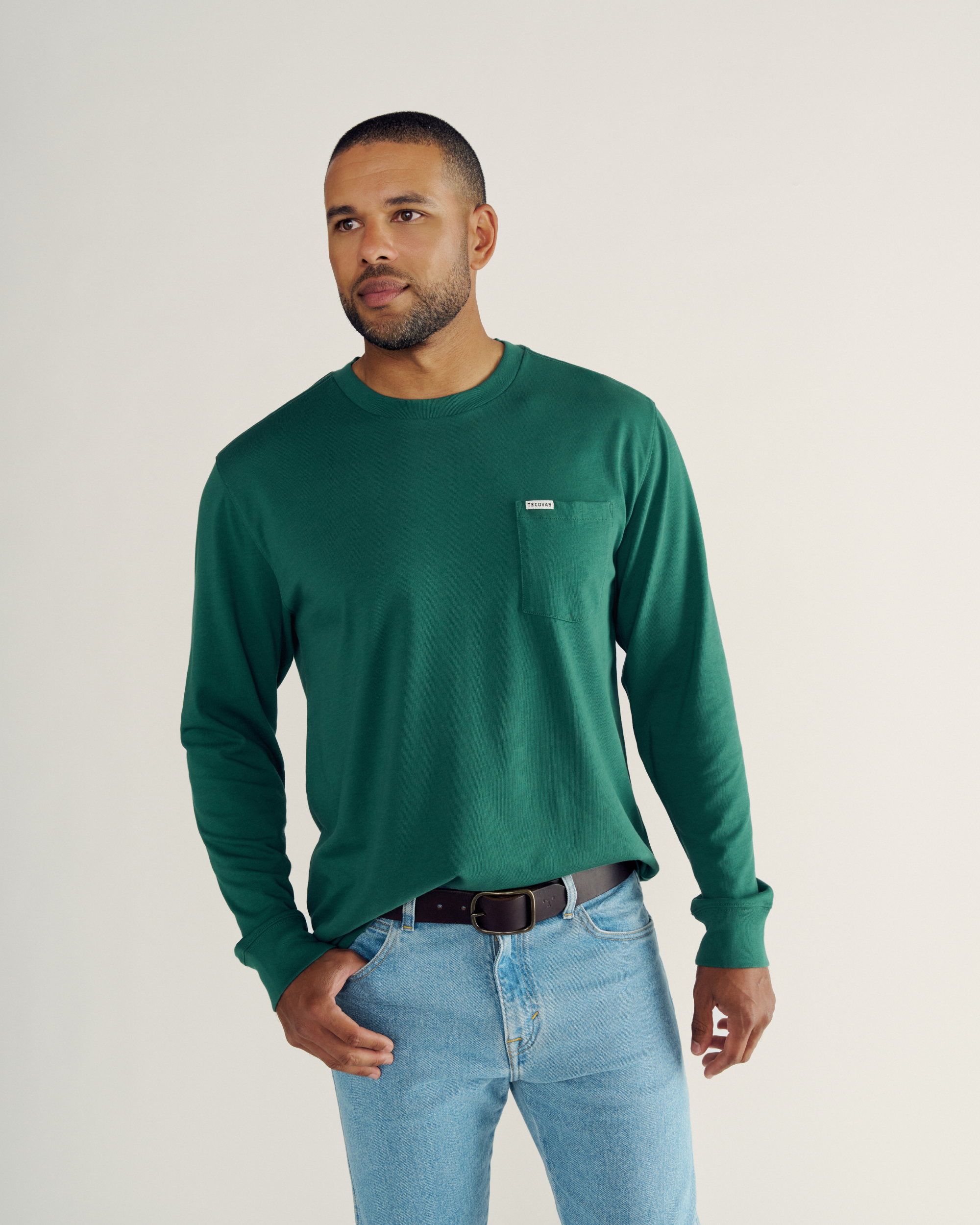 Men's Long Sleeve Standard Issue Pocket Tee - Hunter Green Pima Cotton