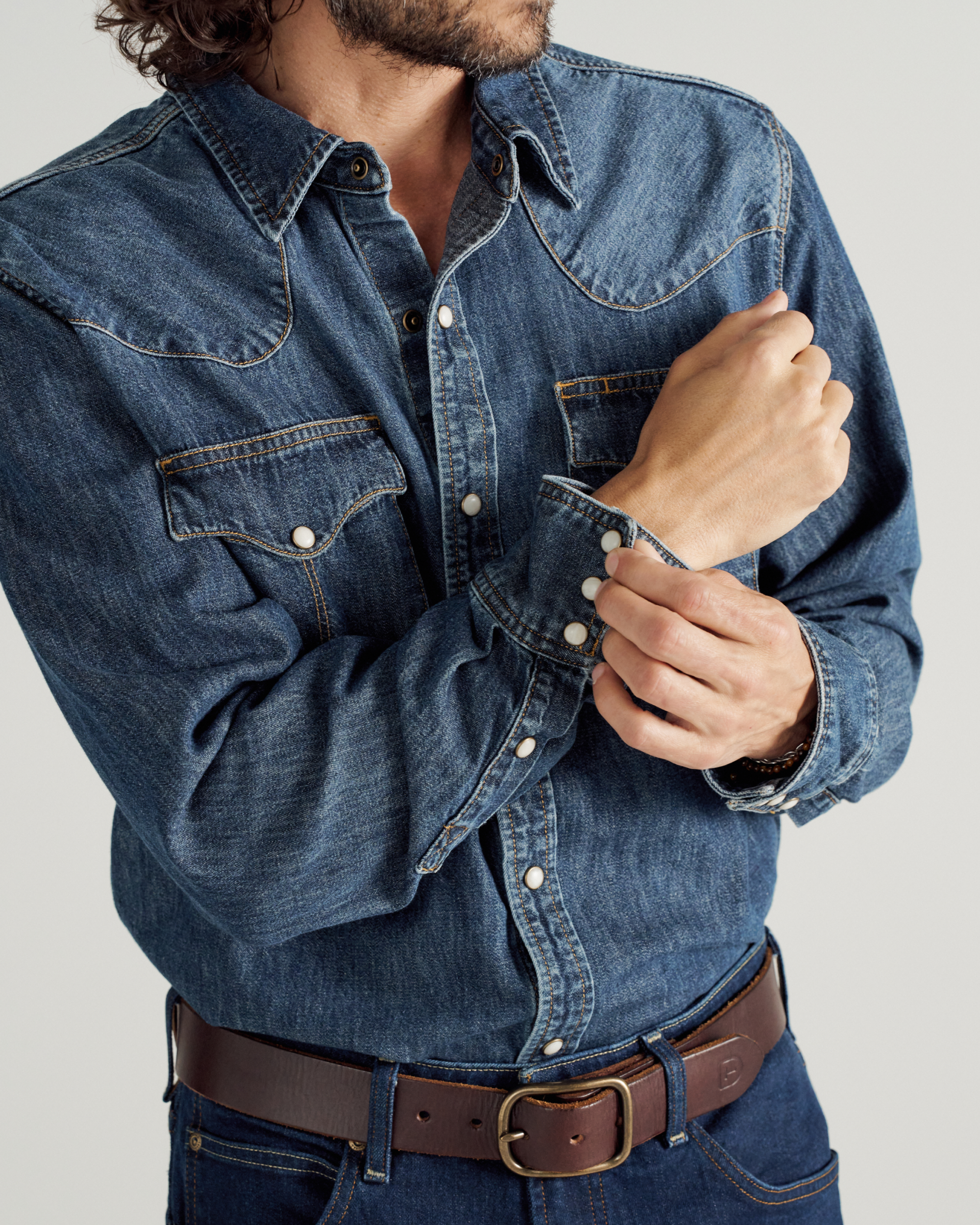 Men's Denim Long Sleeve Pearl Snap - Dark Wash Denim