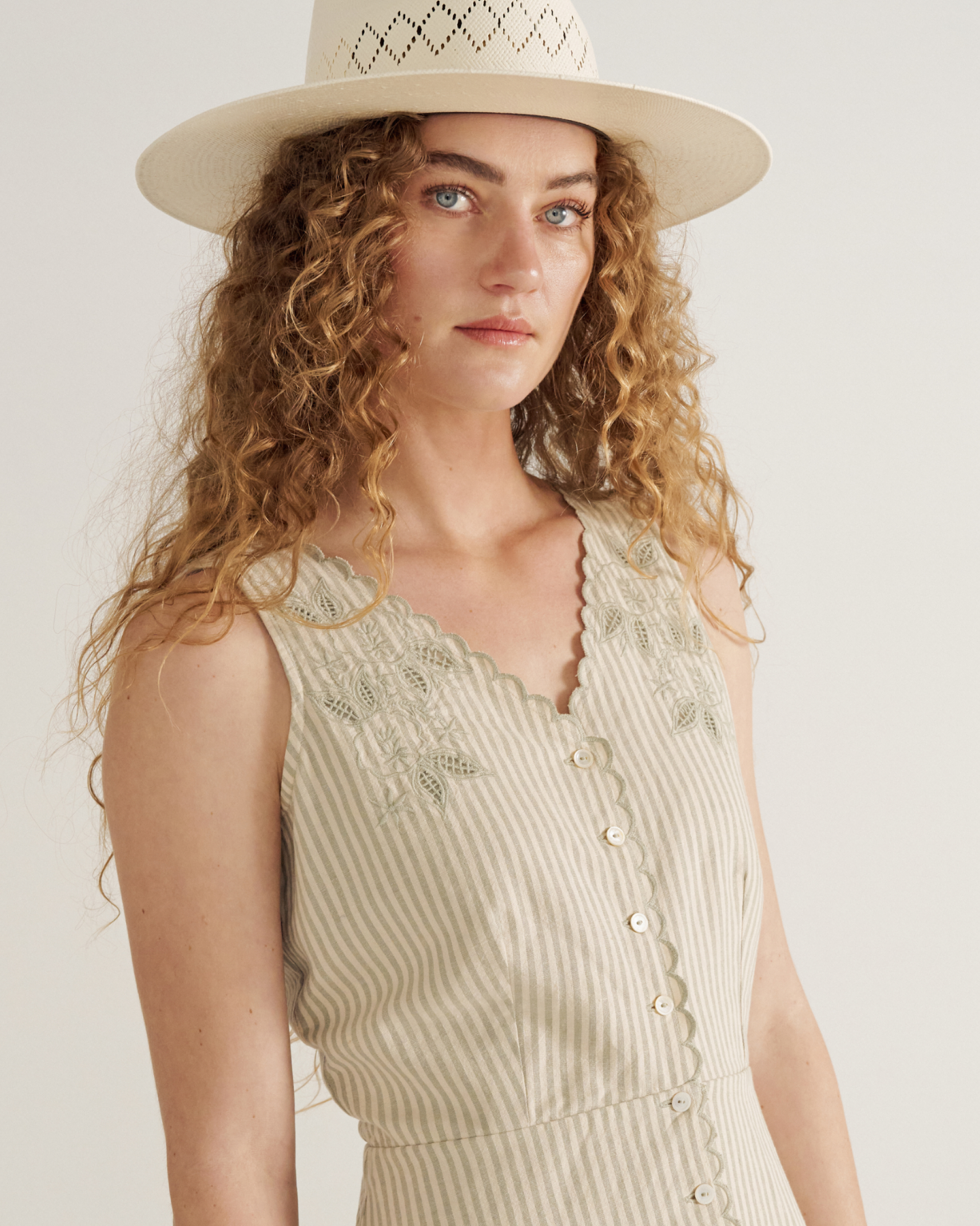 Women's Eyelet Linen Midi Dress - Green White Linen Cotton