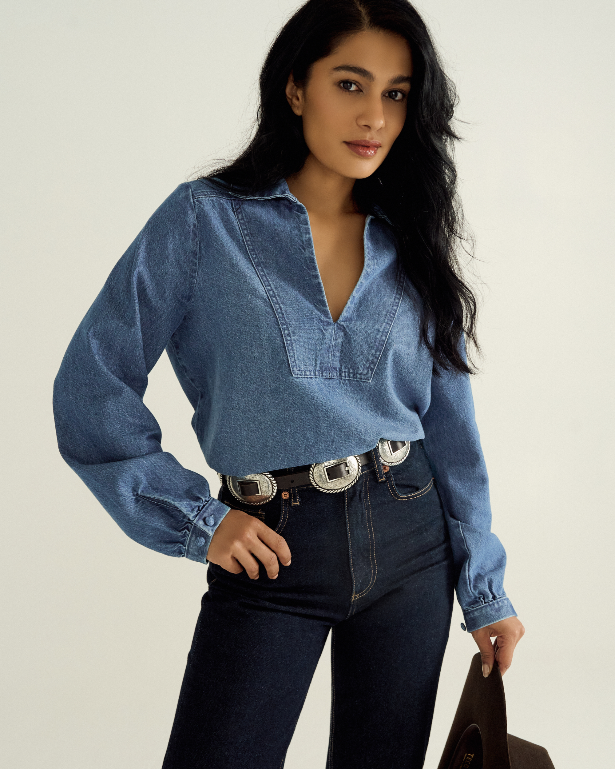 Women's Long Sleeve Denim Popover Top - Medium Wash Denim