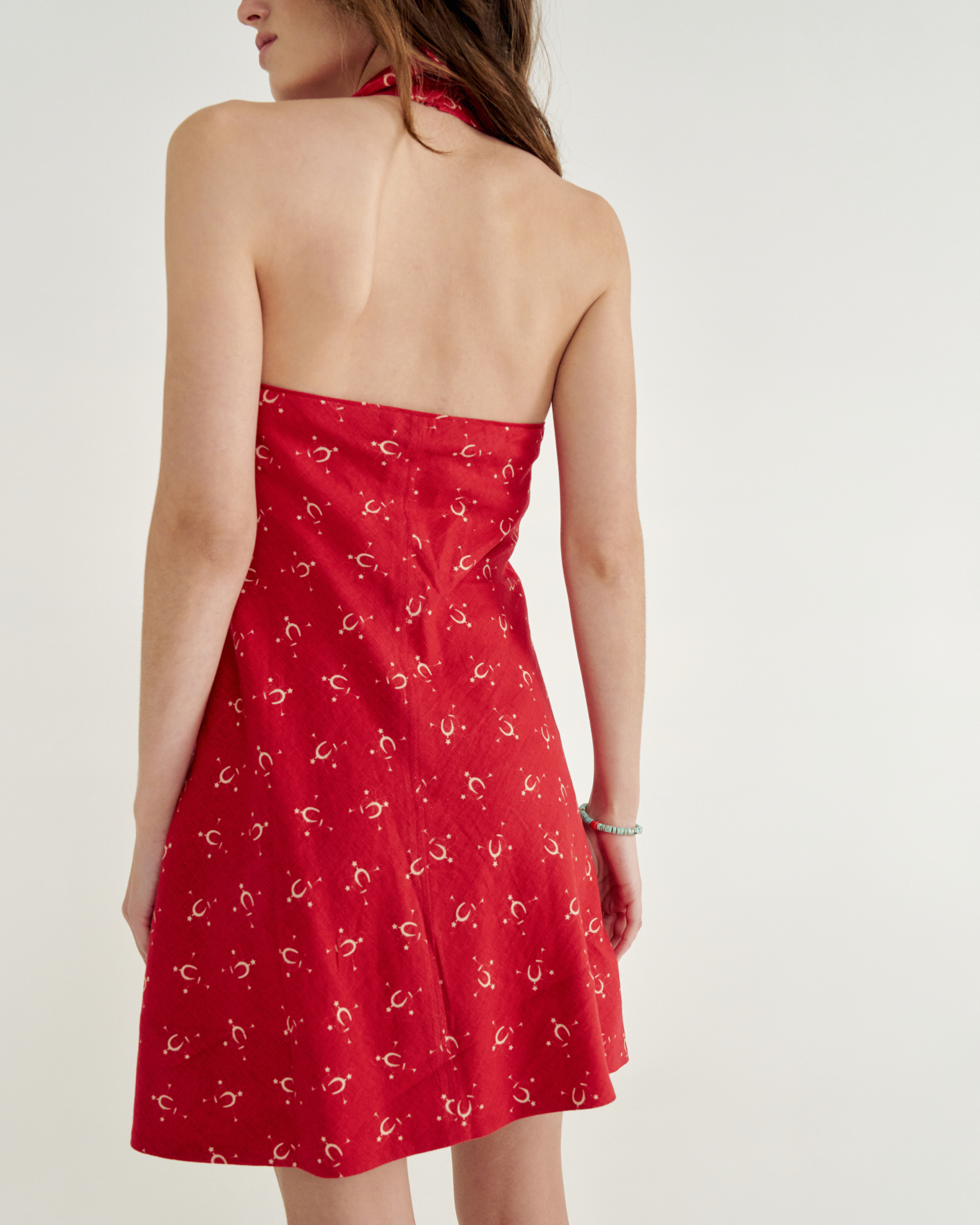Women's Sleeveless Collared Mini Dress - Red Linen Viscose