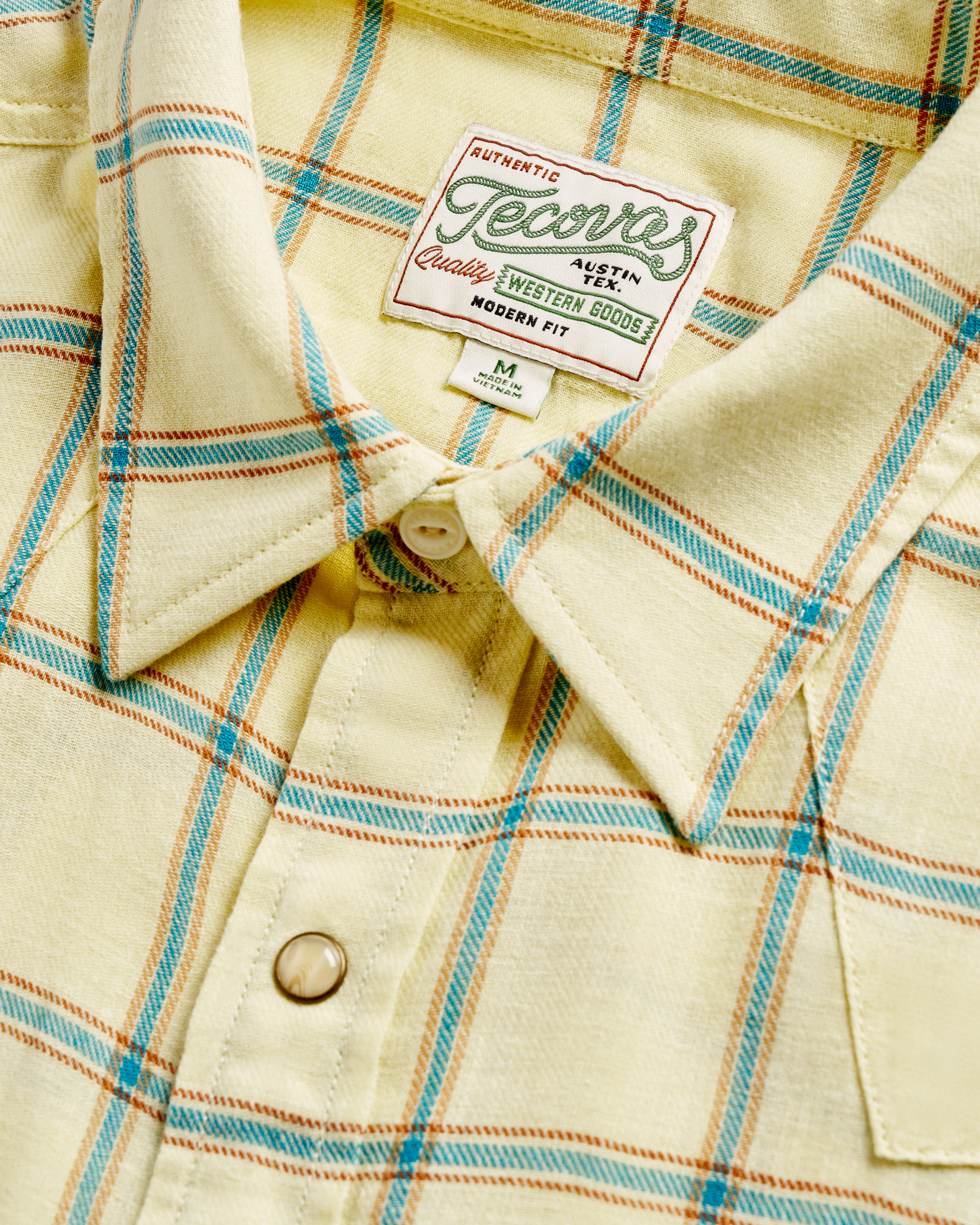 Men's Sawtooth Linen Short Sleeve Pearl Snap - Yellow Teal Cotton Linen