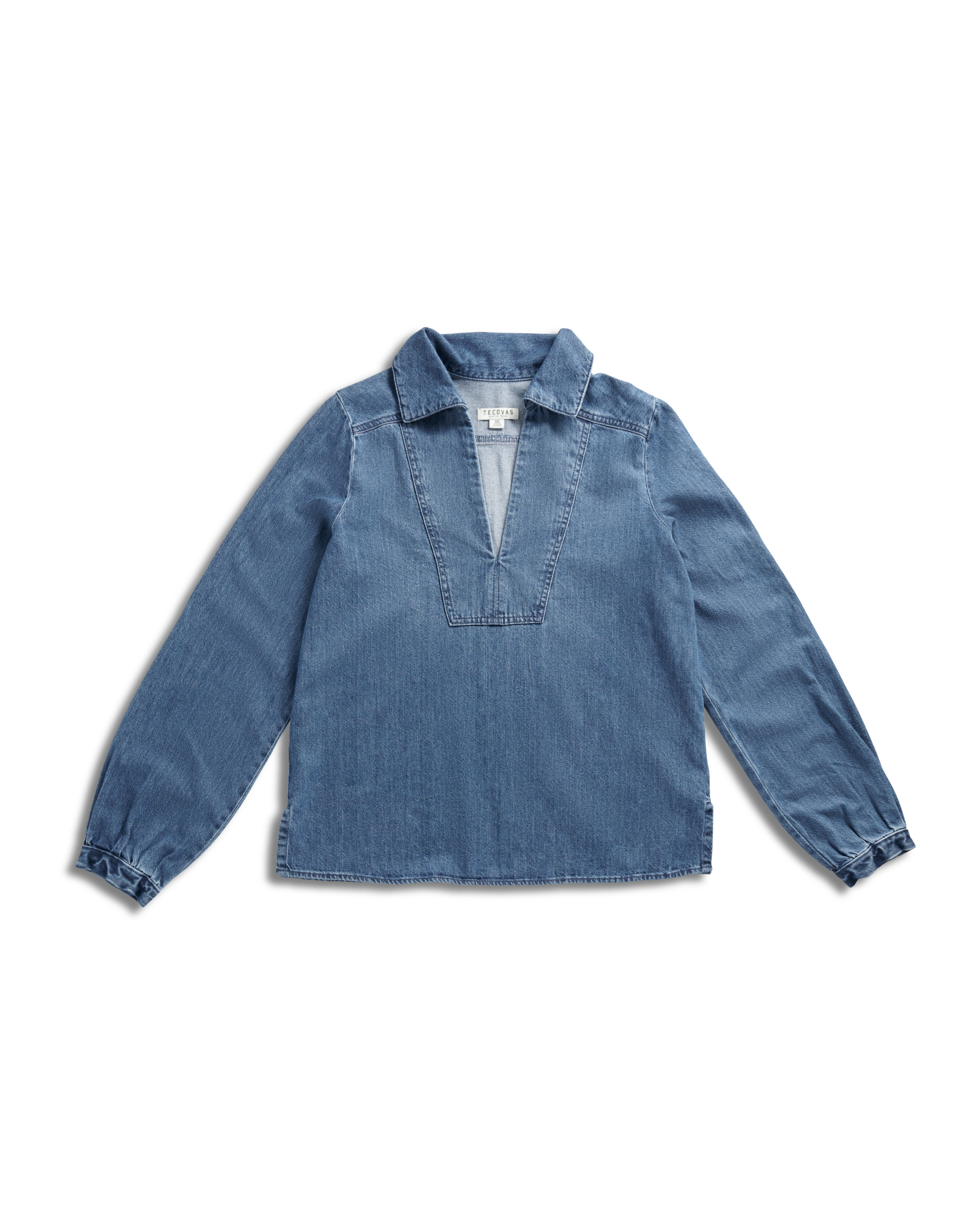 Women's Long Sleeve Denim Popover Top - Medium Wash Denim