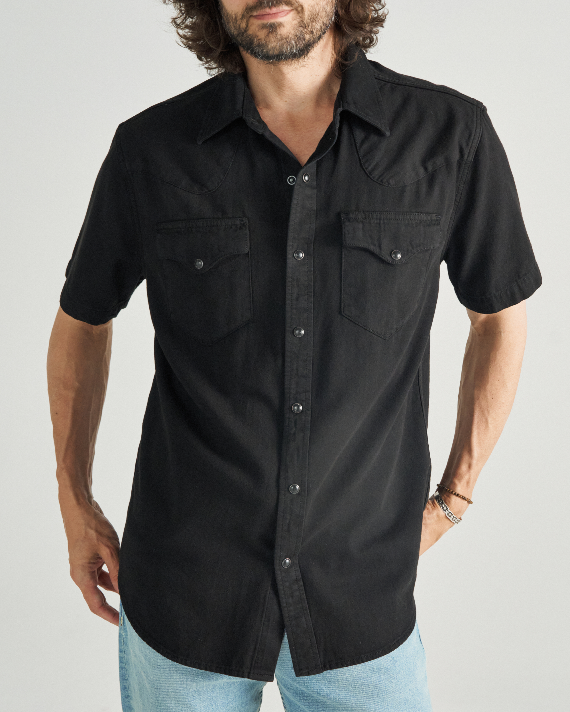 Men's Denim Short Sleeve Pearl Snap - Black Denim