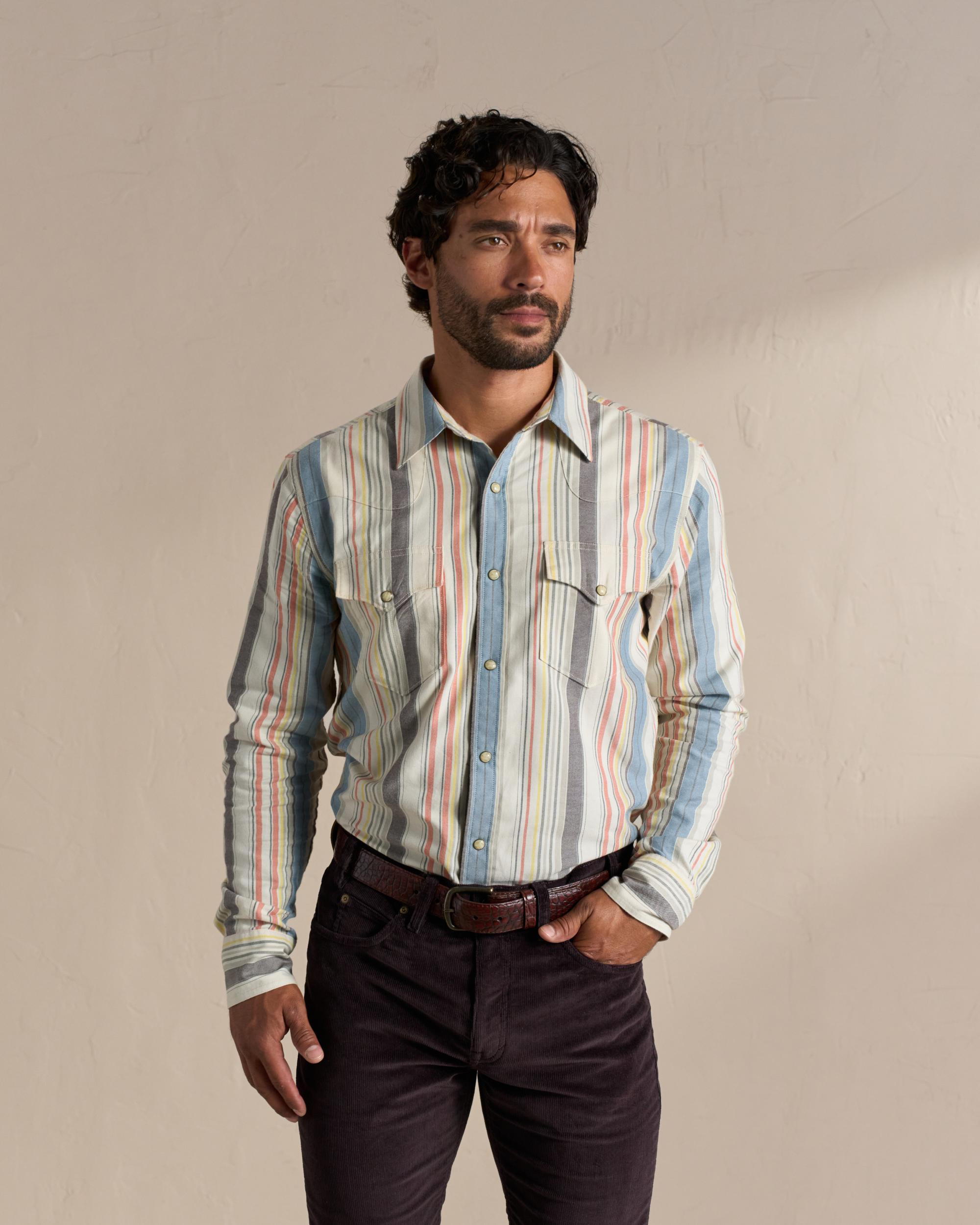 Men's Flying-T Foundation Weight Pearl Snap - Tan Multi Cotton Blend