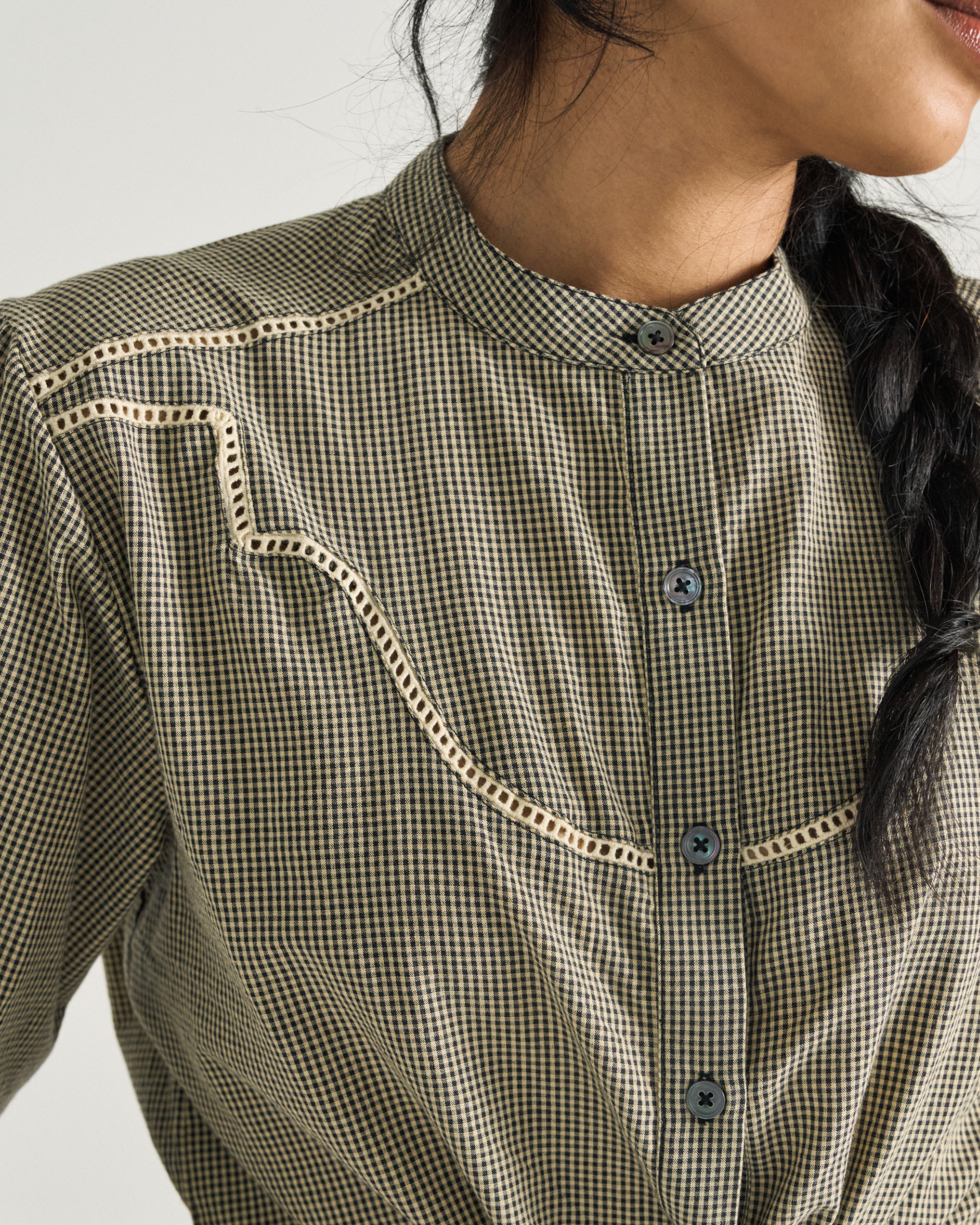 Women's Mini Seersucker Blouse - Black White Cotton