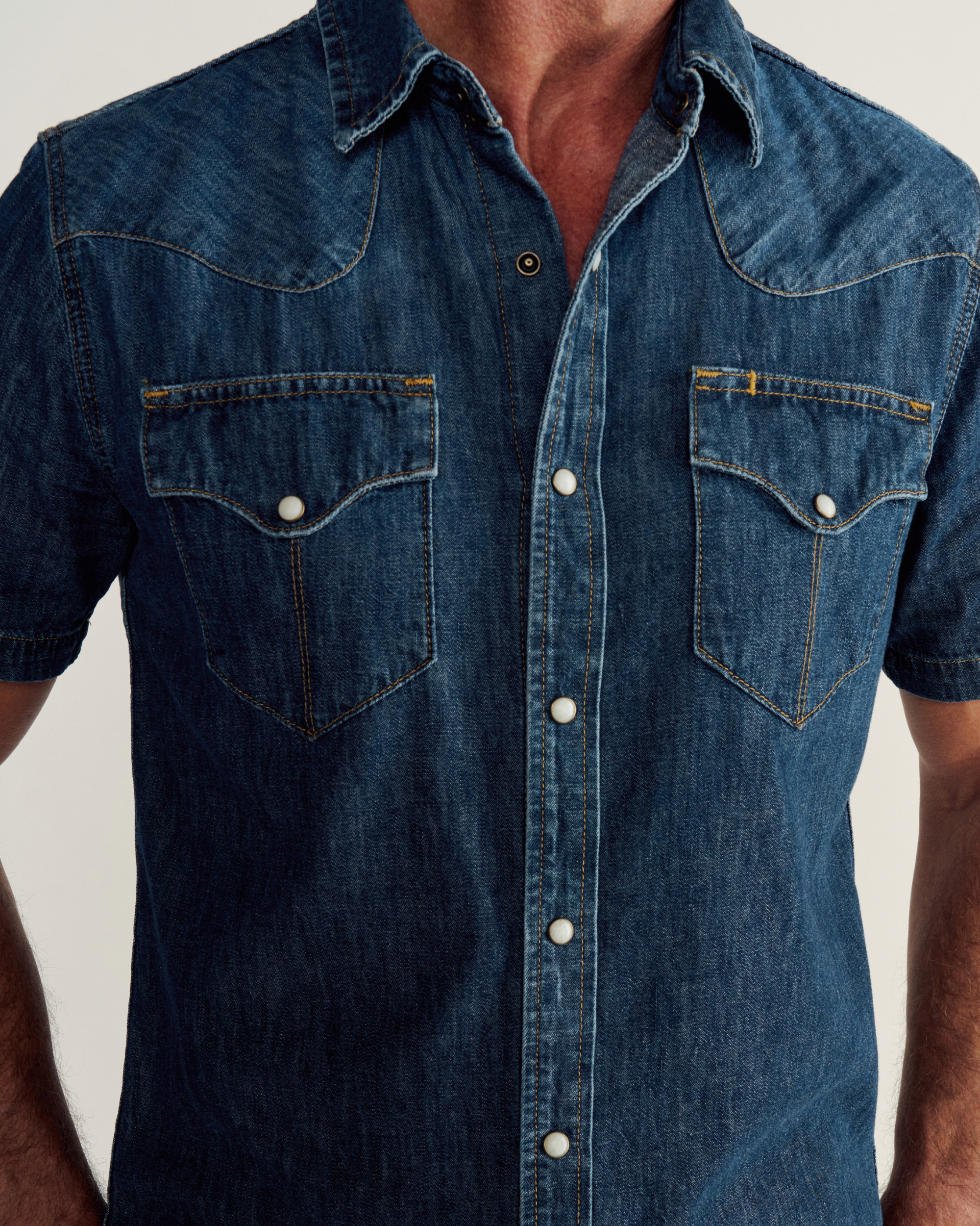 Men's Denim Short Sleeve Pearl Snap - Dark Wash Denim