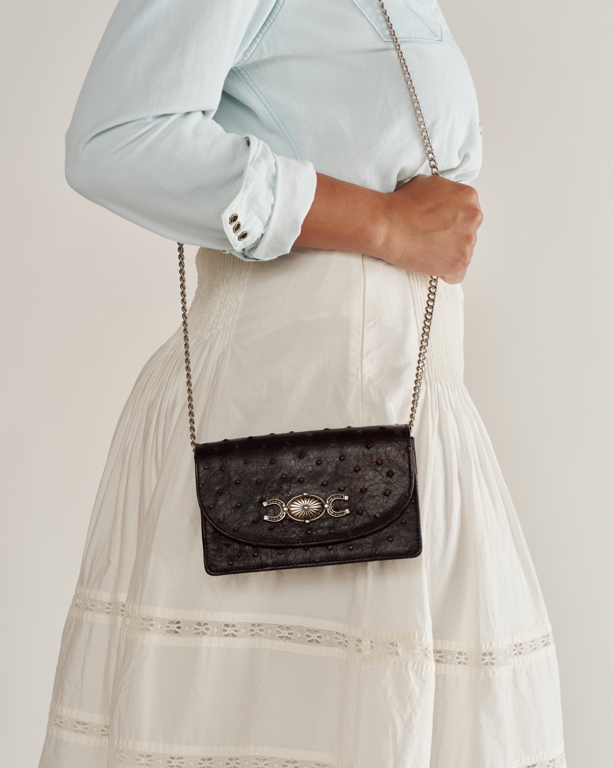 Concho Chain Crossbody - Black Cherry Ostrich