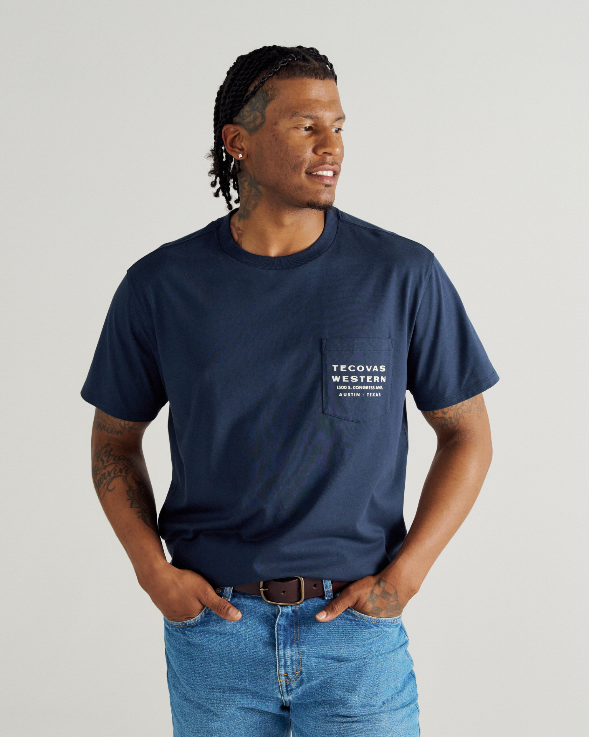 Men's Western Horseman Pocket Tee - Navy White Supima Cotton