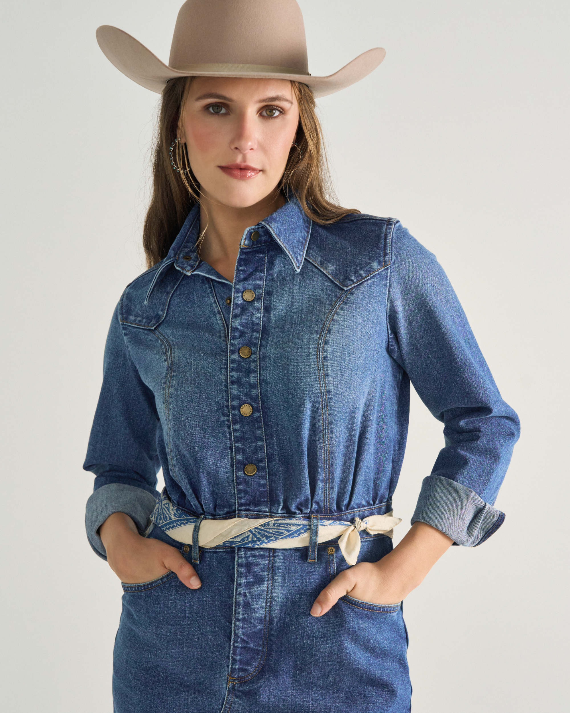 Women's Long Sleeve Denim Midi Dress - Medium Wash Denim