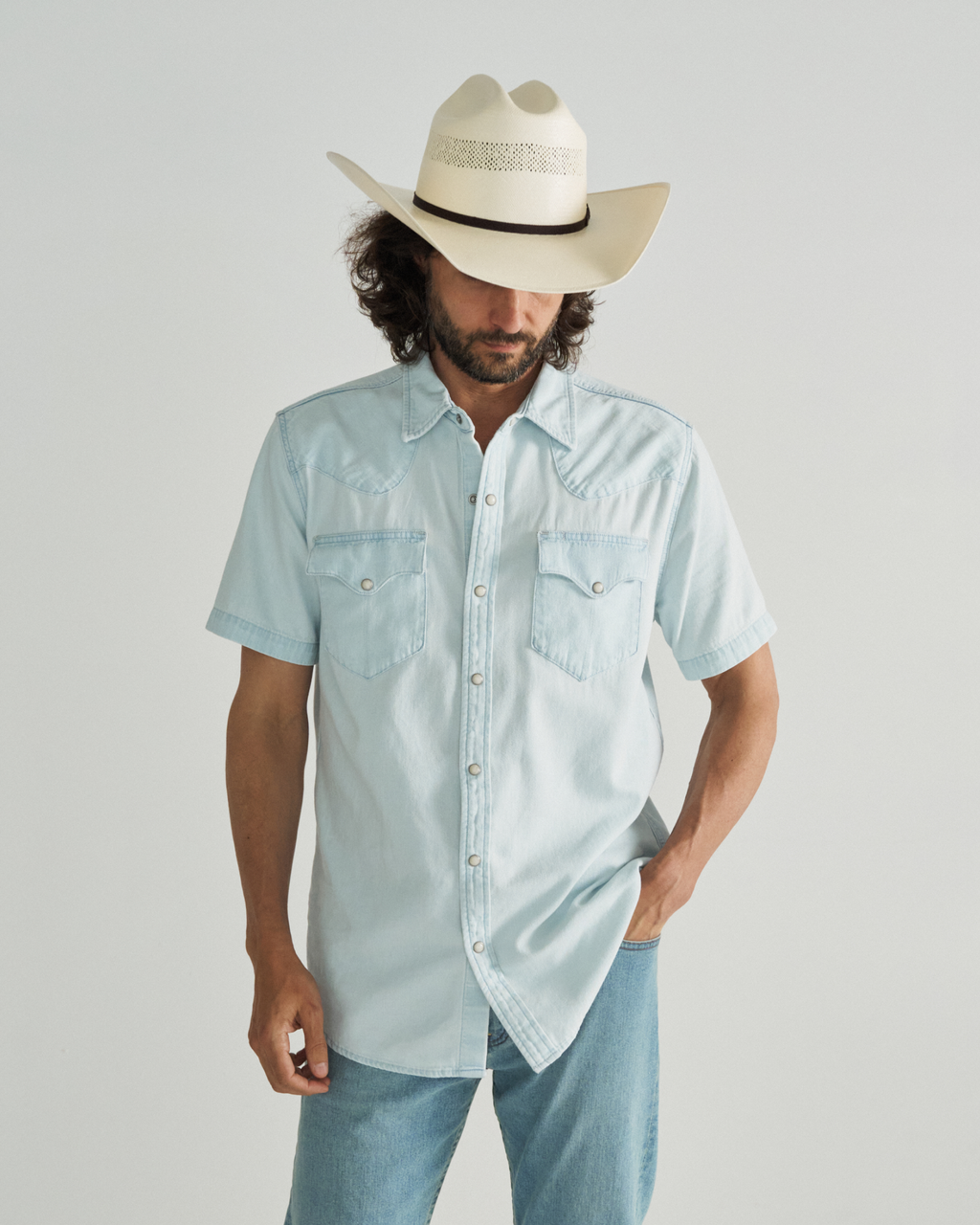 Men's Denim Short Sleeve Pearl Snap - Ultra Light Denim