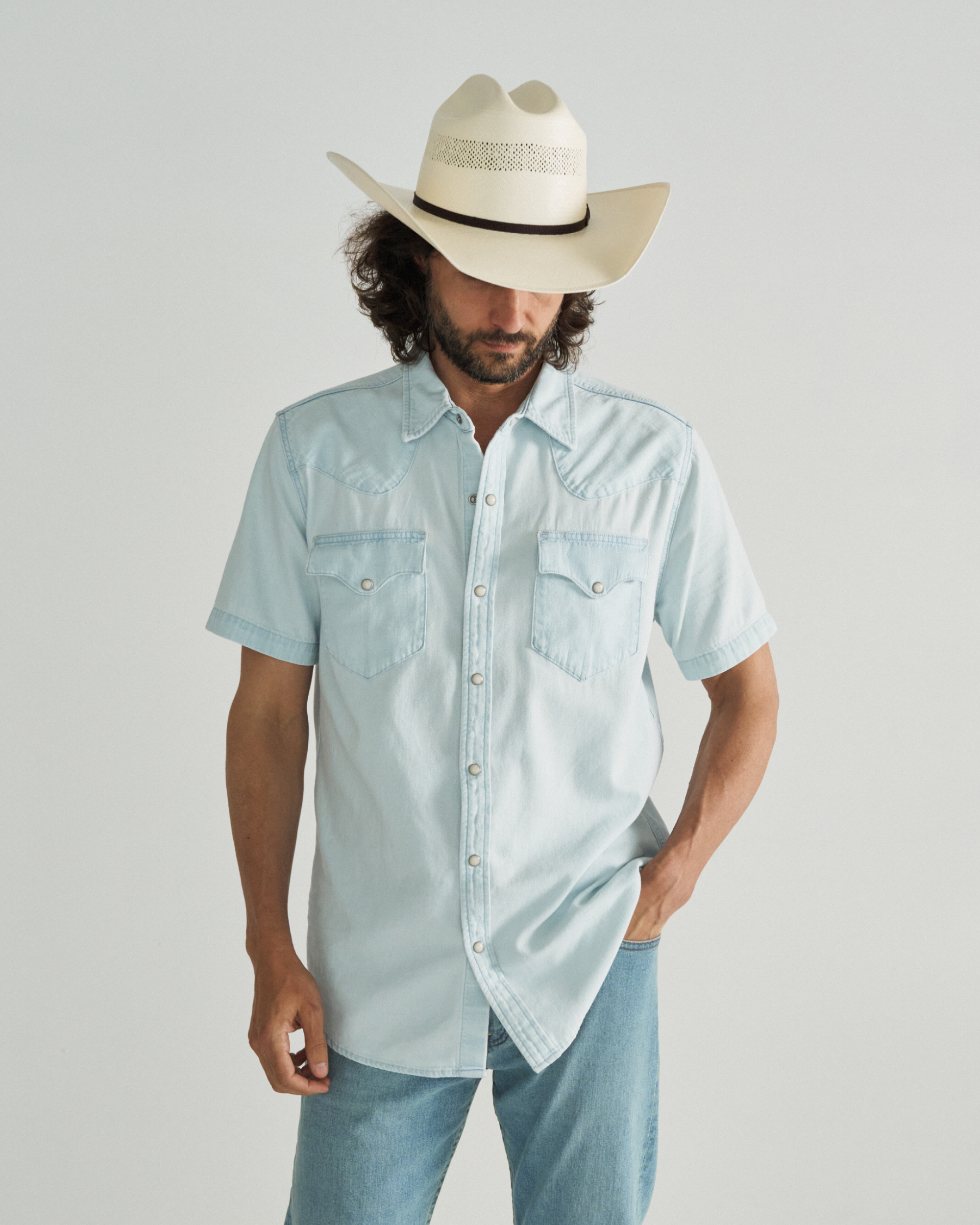 Men's Denim Short Sleeve Pearl Snap - Ultra Light Denim