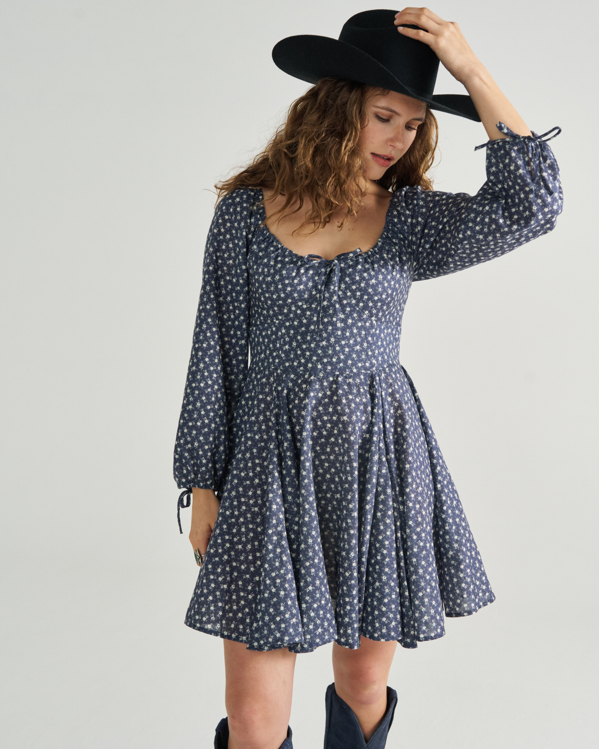 Women's Long Sleeve Mini Dress - Navy Bone Cotton Blend