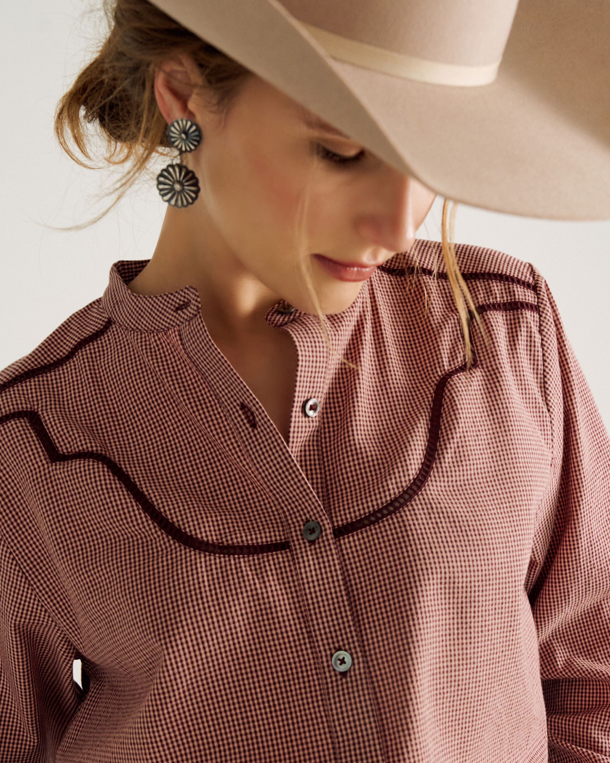 Women's Mini Seersucker Blouse - Burgundy Pink Cotton