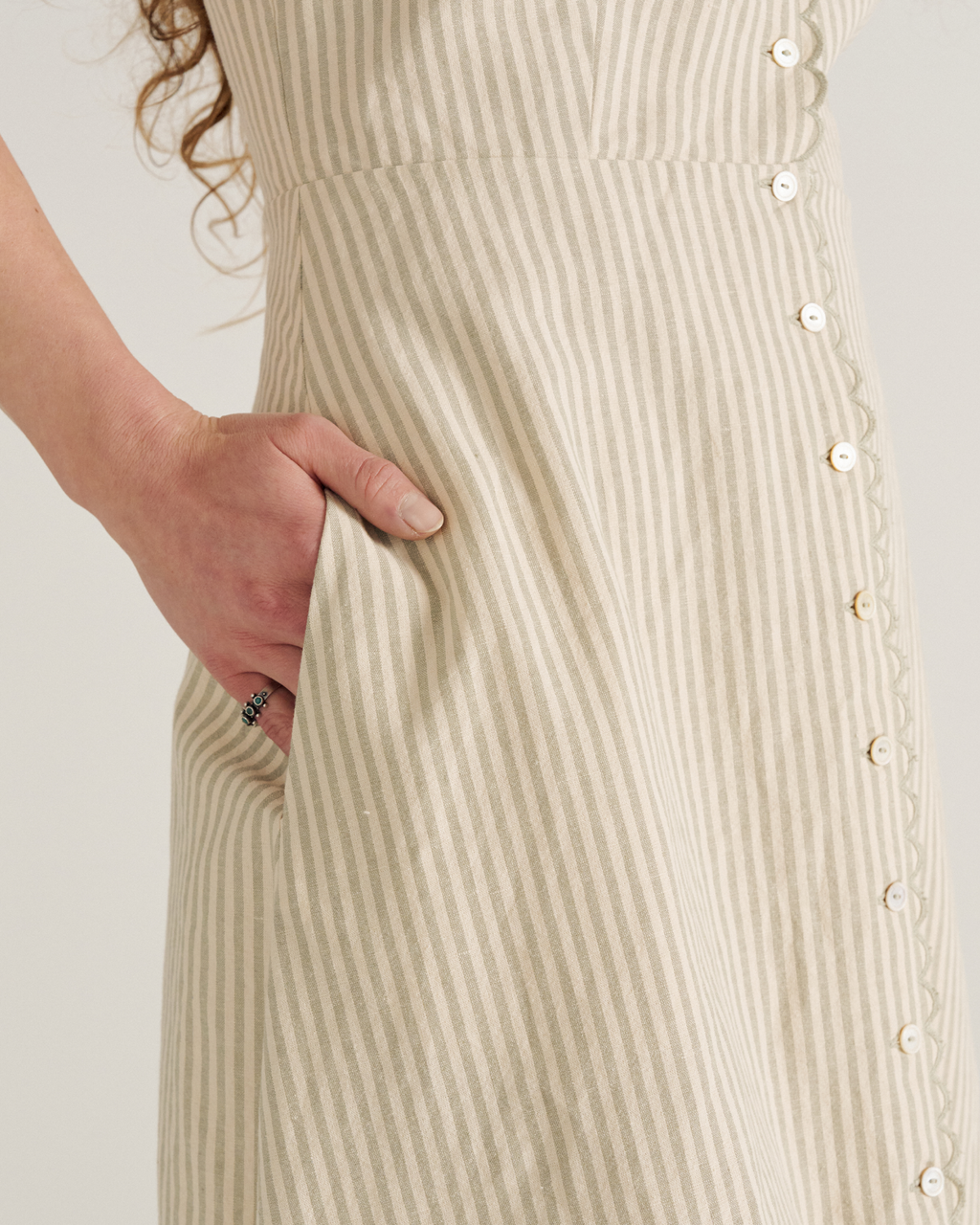 Women's Eyelet Linen Midi Dress - Green White Linen Cotton